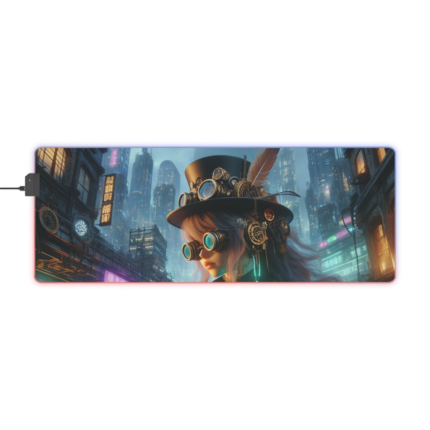 RGB LED Mouse Pad - Steampunk Girl in Cyberpunk World Design