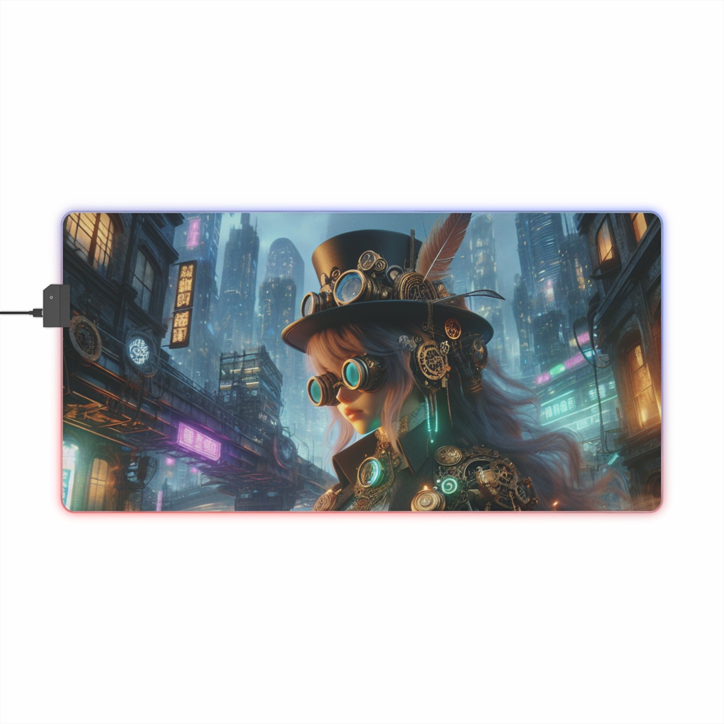 RGB LED Mouse Pad - Steampunk Girl in Cyberpunk World Design