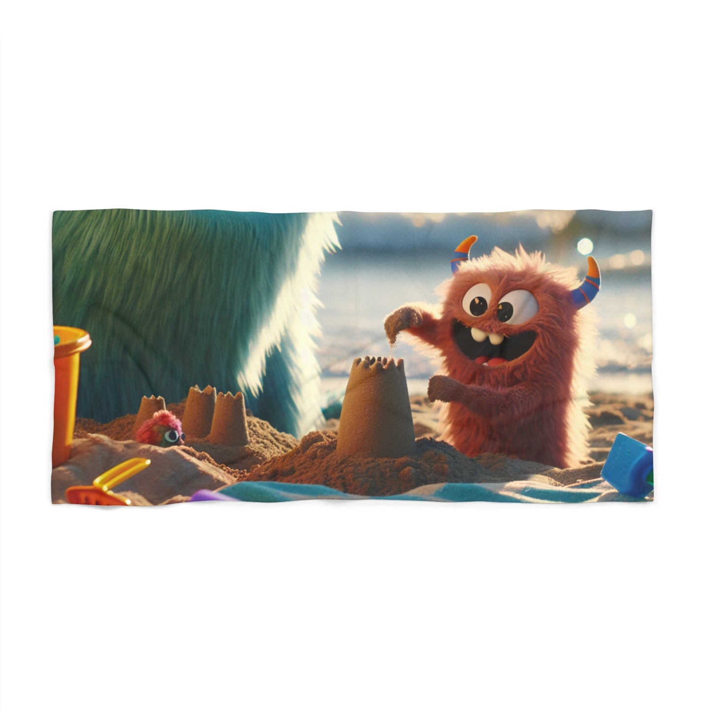 Beach Towel - Cute Fuzzy Monster Making a Sand Castle - Resonating Crystal Creations