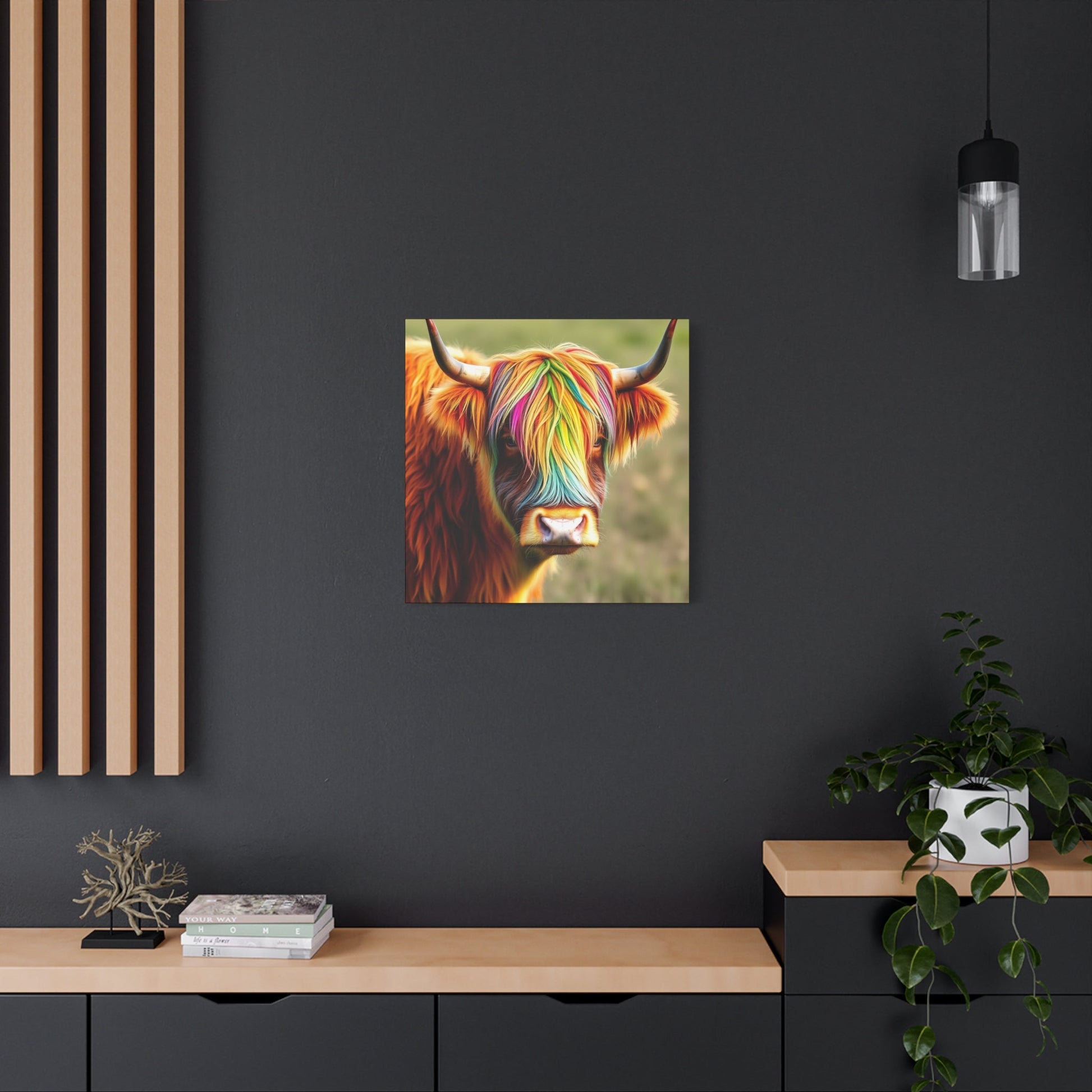 Canvas Print - Highland Cow with Rainbow Hair - Resonating Crystal Creations