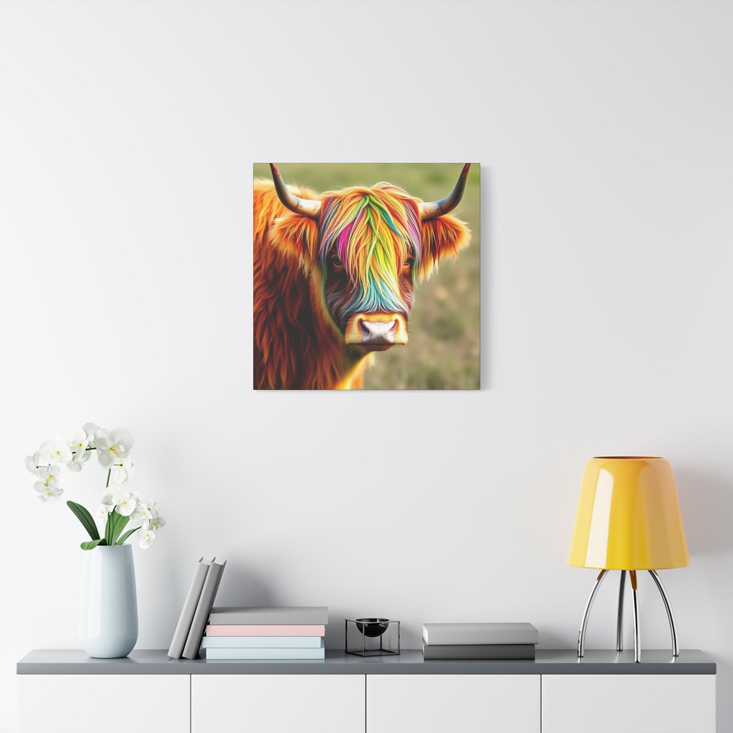 Canvas Print - Highland Cow with Rainbow Hair - Resonating Crystal Creations