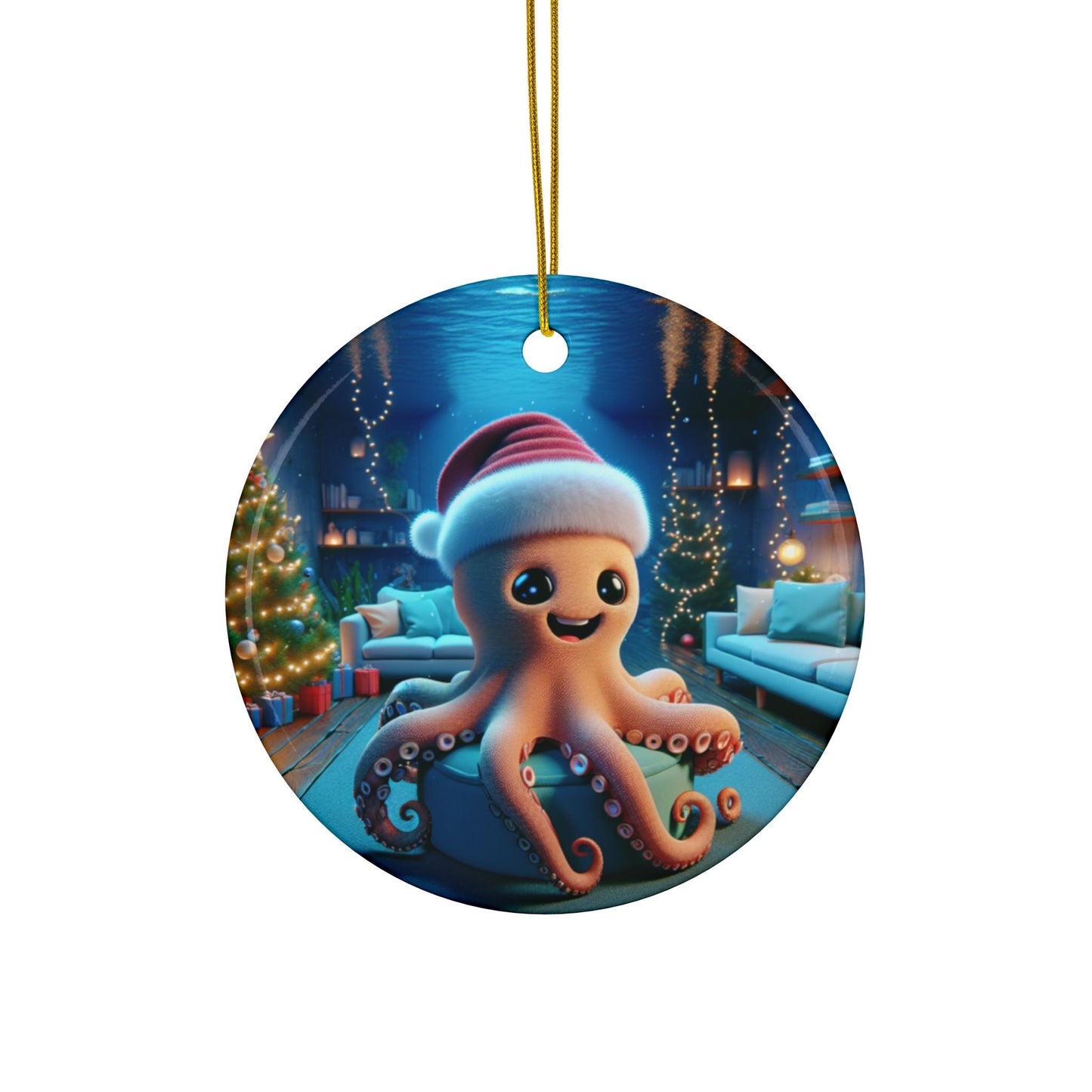 Ceramic Ornaments - Christmas Octopus Decoration, 2 - Side Print, (1pc, 3pcs, 5pcs, 10pcs) - Resonating Crystal Creations