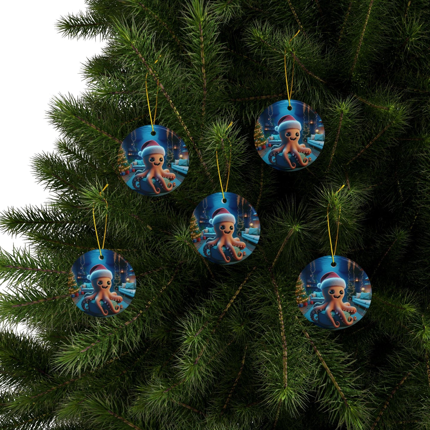 Ceramic Ornaments - Christmas Octopus Decoration, 2 - Side Print, (1pc, 3pcs, 5pcs, 10pcs) - Resonating Crystal Creations