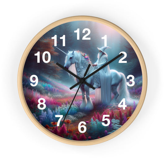 Fantasy Wall Clock - White Wizard Riding a Unicorn in Enchanted Forest - Resonating Crystal Creations