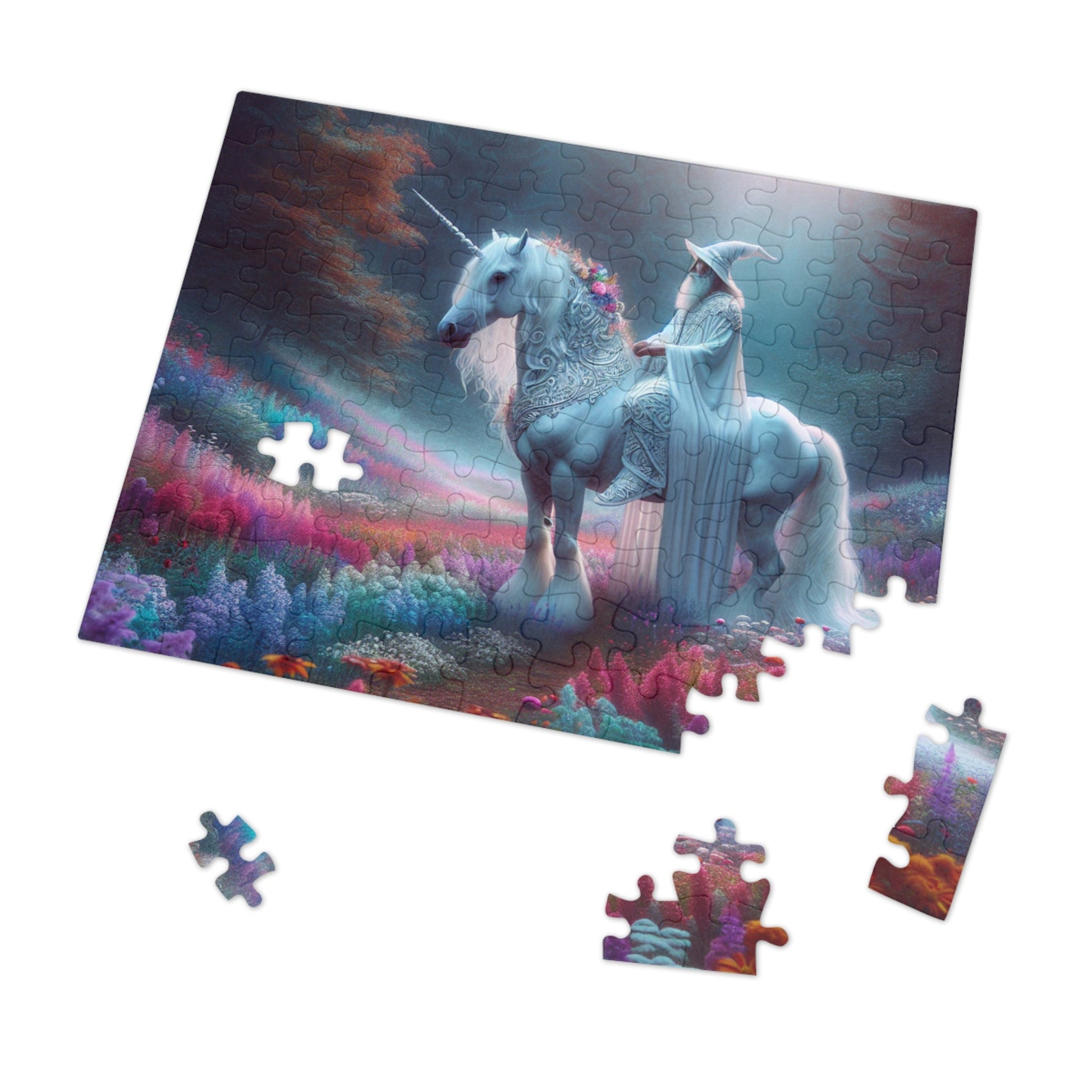 Jigsaw Puzzle: White Wizard Riding Unicorn in Enchanted Forest - Resonating Crystal Creations