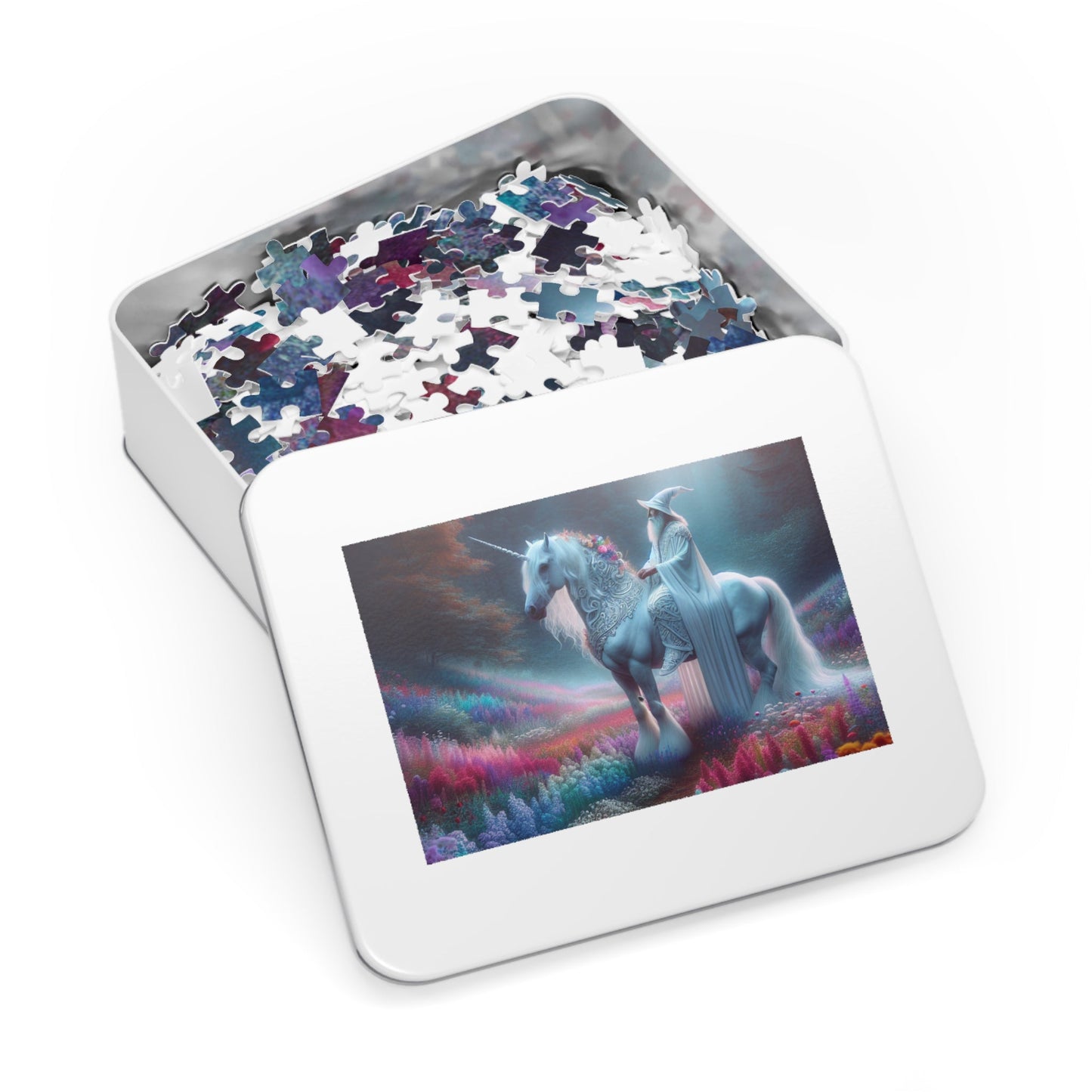 Jigsaw Puzzle: White Wizard Riding Unicorn in Enchanted Forest - Resonating Crystal Creations