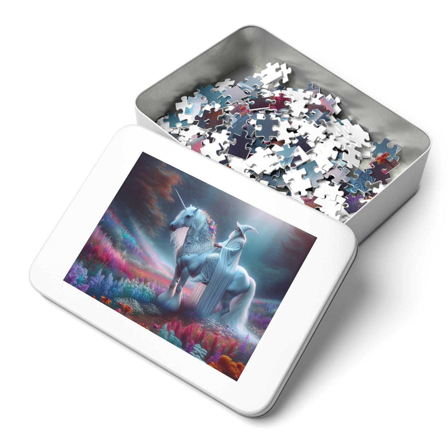 Jigsaw Puzzle: White Wizard Riding Unicorn in Enchanted Forest - Resonating Crystal Creations