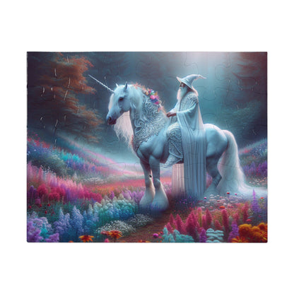 Jigsaw Puzzle: White Wizard Riding Unicorn in Enchanted Forest - Resonating Crystal Creations