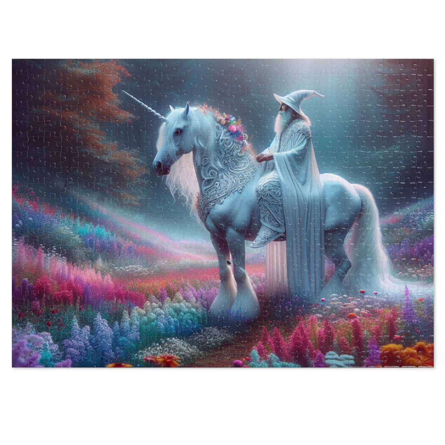 Jigsaw Puzzle: White Wizard Riding Unicorn in Enchanted Forest - Resonating Crystal Creations