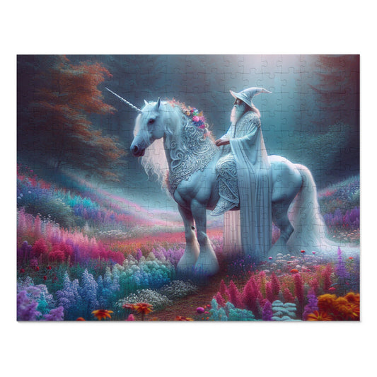 Jigsaw Puzzle: White Wizard Riding Unicorn in Enchanted Forest - Resonating Crystal Creations