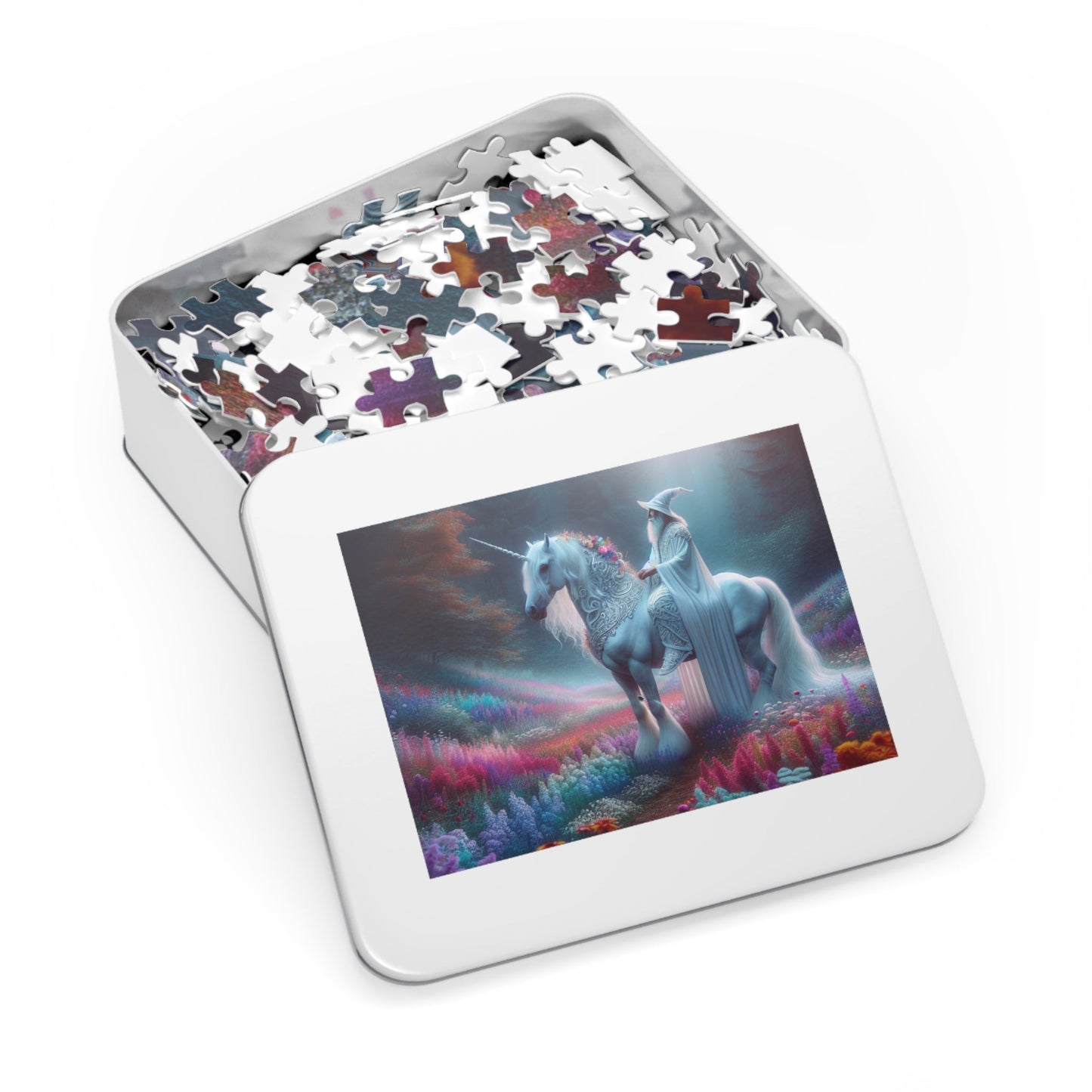 Jigsaw Puzzle: White Wizard Riding Unicorn in Enchanted Forest - Resonating Crystal Creations