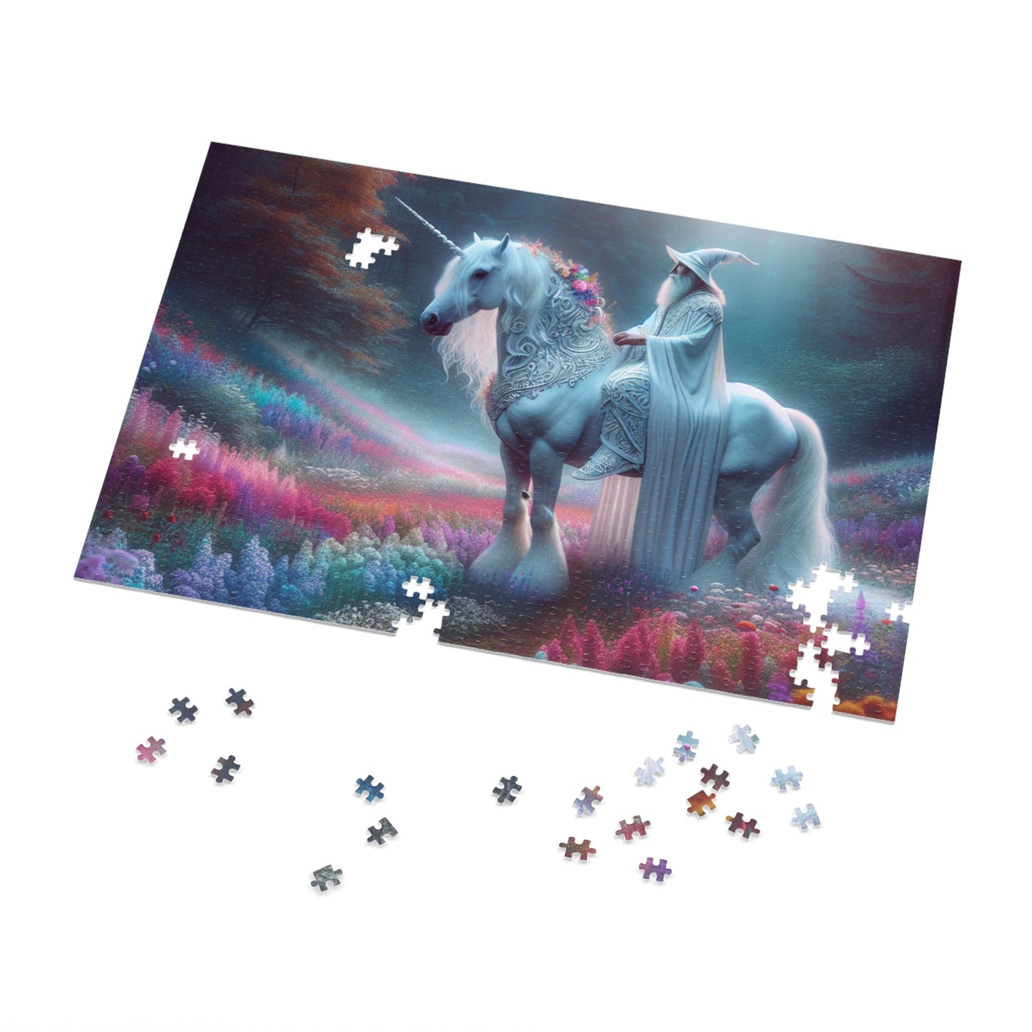 Jigsaw Puzzle: White Wizard Riding Unicorn in Enchanted Forest - Resonating Crystal Creations