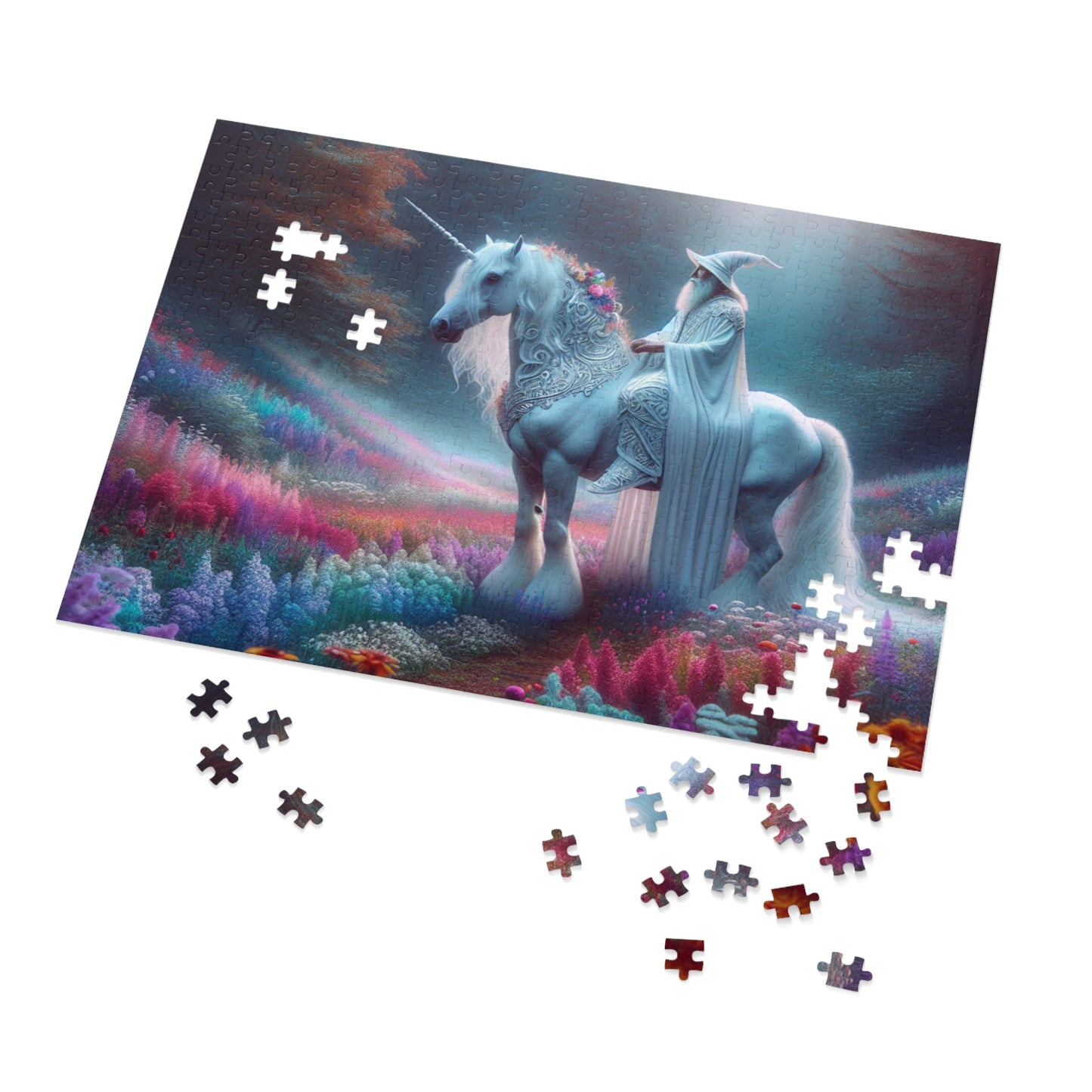 Jigsaw Puzzle: White Wizard Riding Unicorn in Enchanted Forest - Resonating Crystal Creations