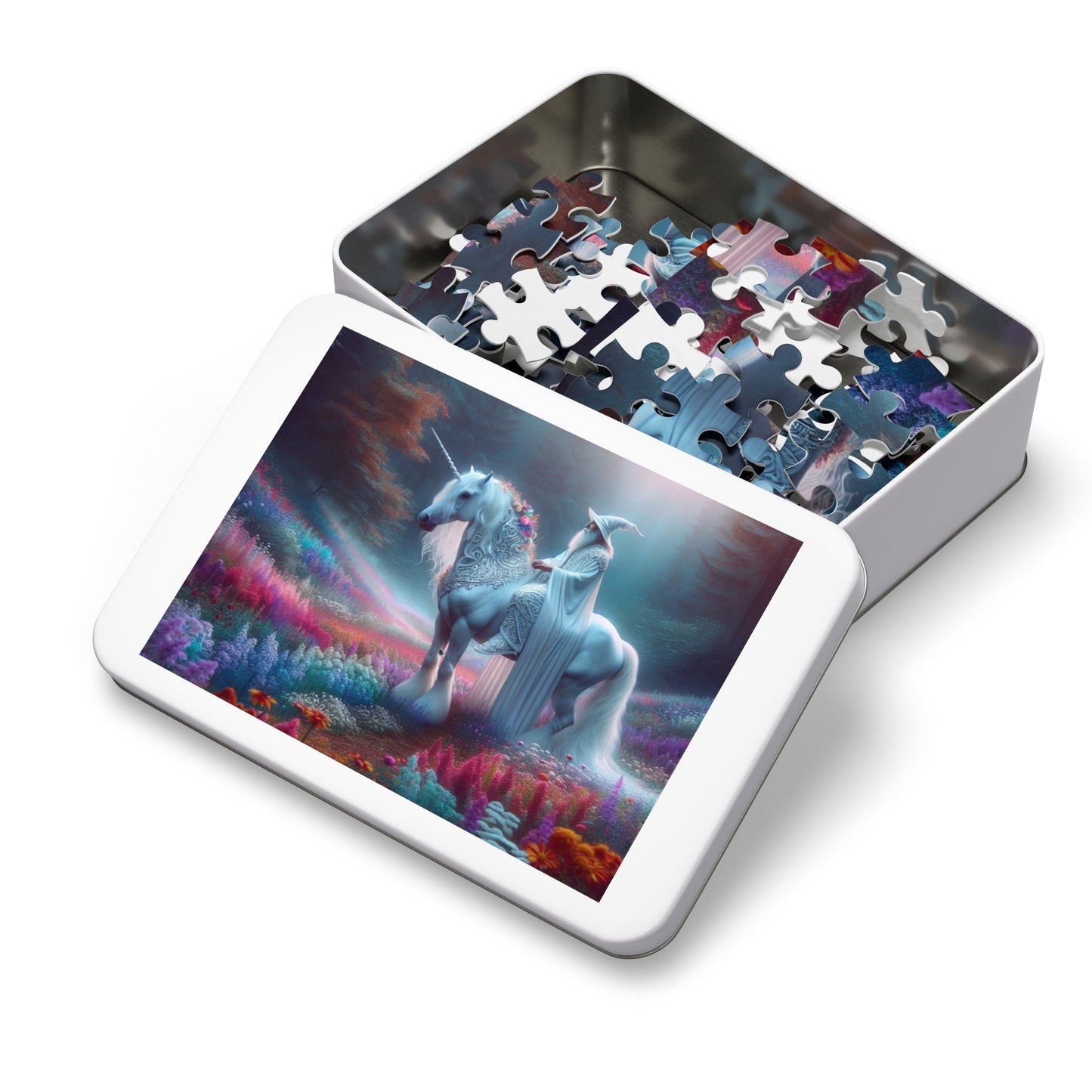 Jigsaw Puzzle: White Wizard Riding Unicorn in Enchanted Forest - Resonating Crystal Creations