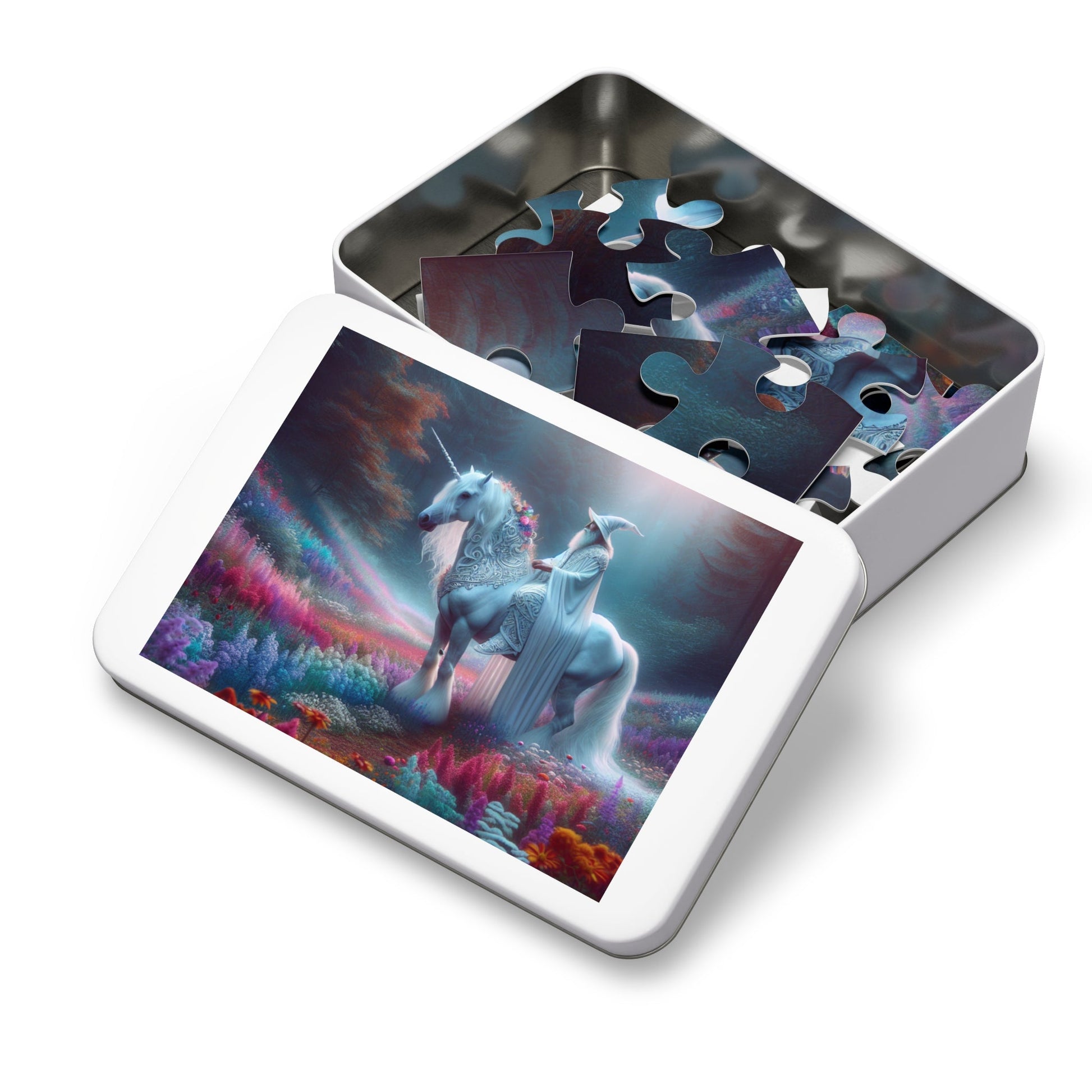 Jigsaw Puzzle: White Wizard Riding Unicorn in Enchanted Forest - Resonating Crystal Creations