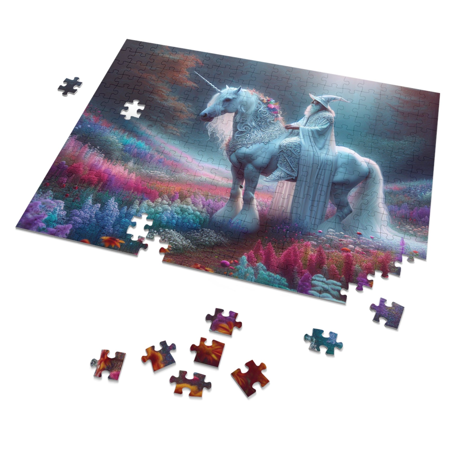 Jigsaw Puzzle: White Wizard Riding Unicorn in Enchanted Forest - Resonating Crystal Creations