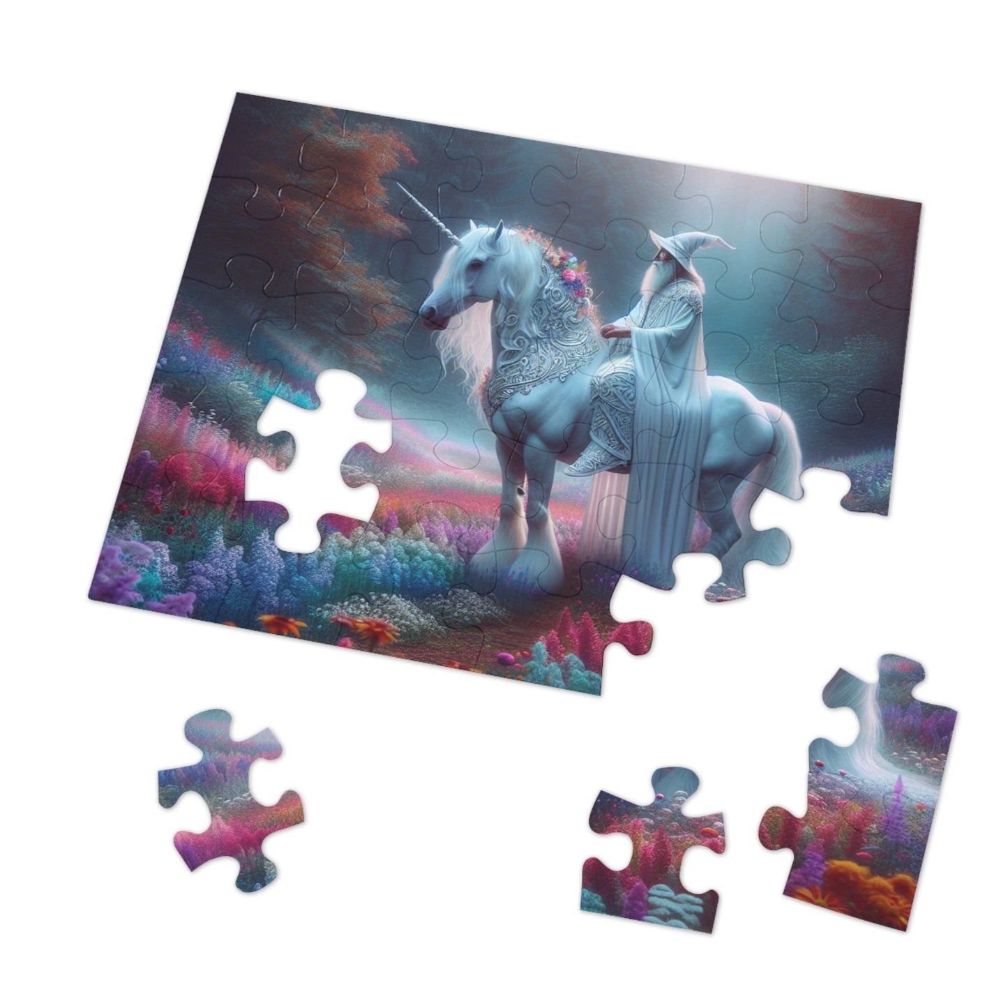 Jigsaw Puzzle: White Wizard Riding Unicorn in Enchanted Forest - Resonating Crystal Creations