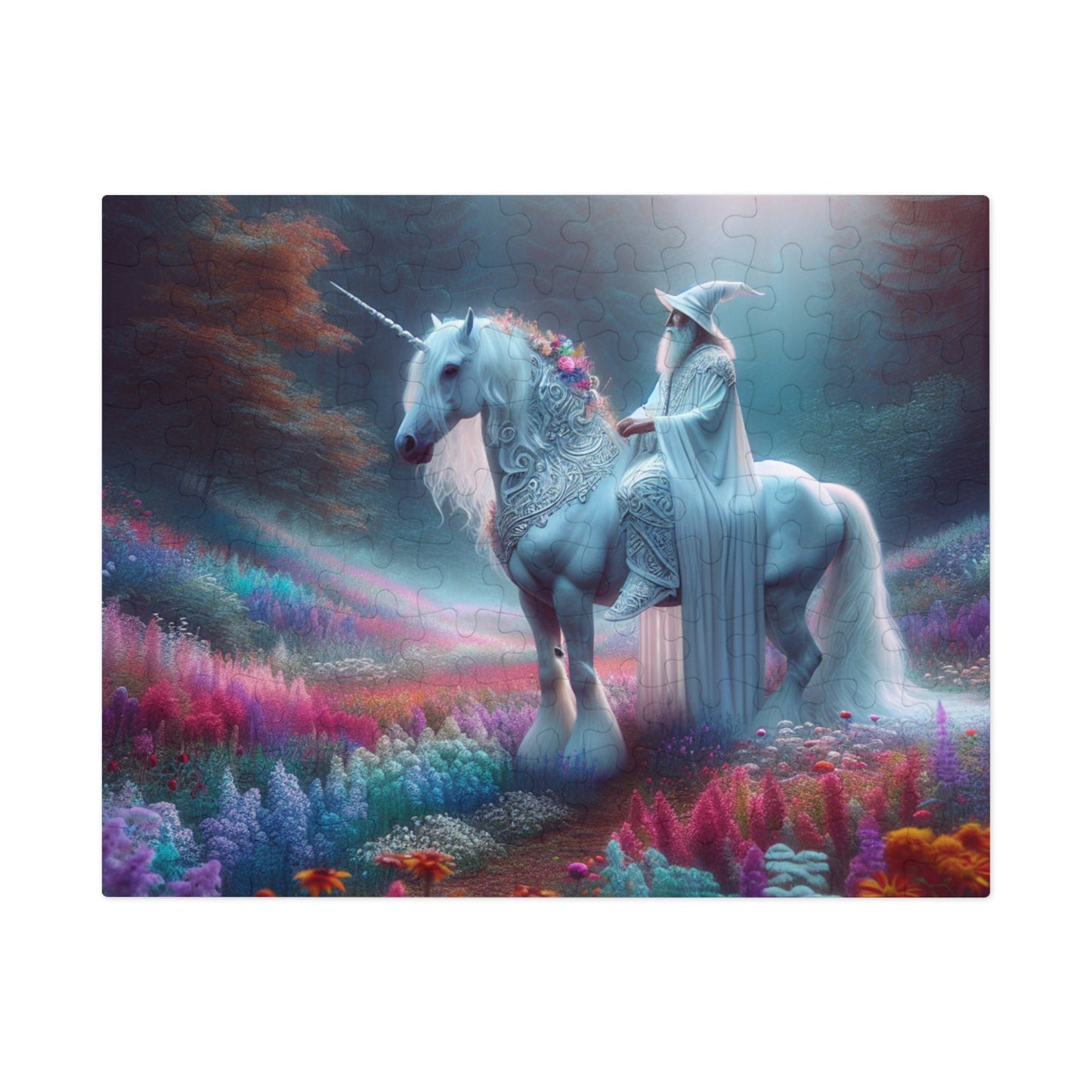 Jigsaw Puzzle: White Wizard Riding Unicorn in Enchanted Forest - Resonating Crystal Creations