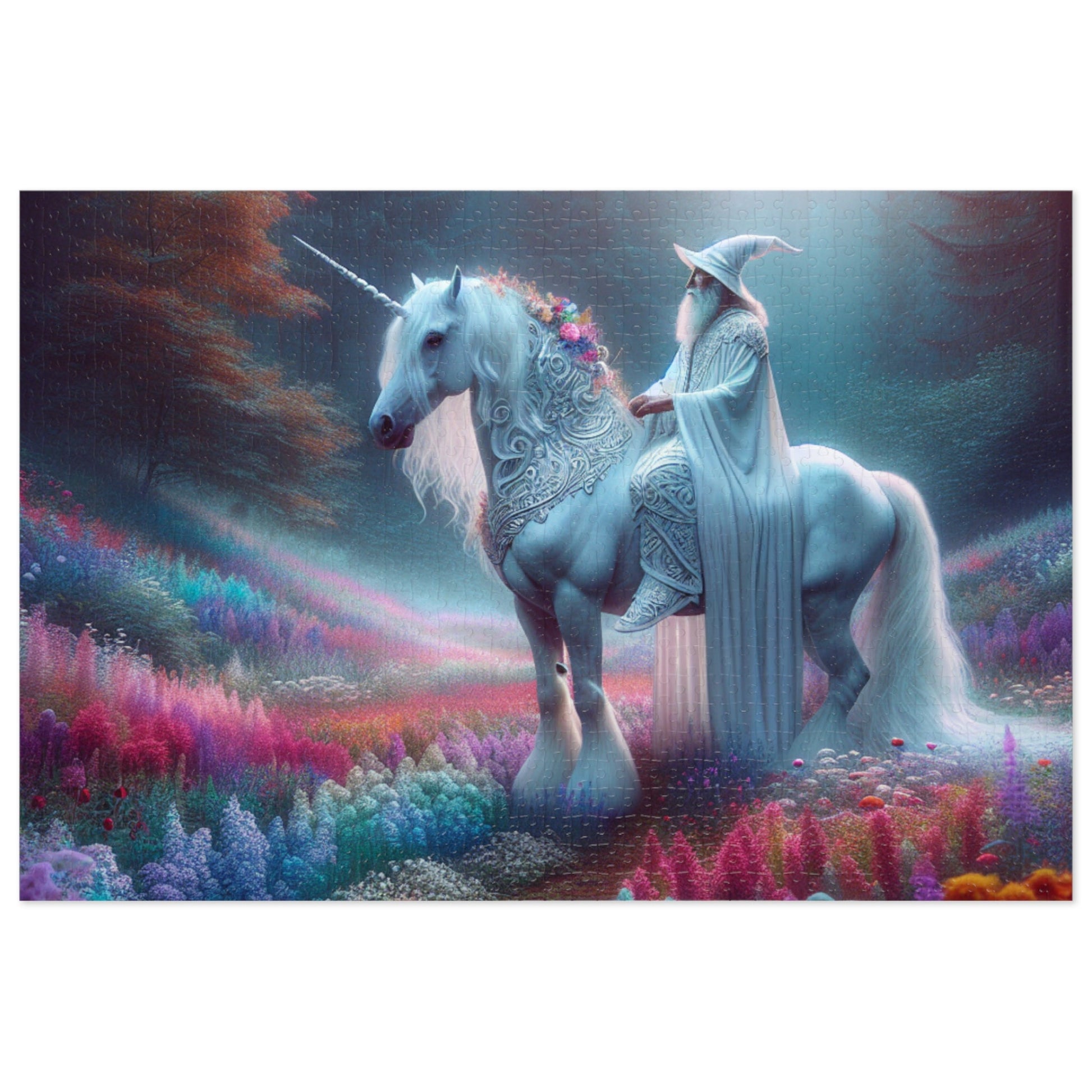 Jigsaw Puzzle: White Wizard Riding Unicorn in Enchanted Forest - Resonating Crystal Creations