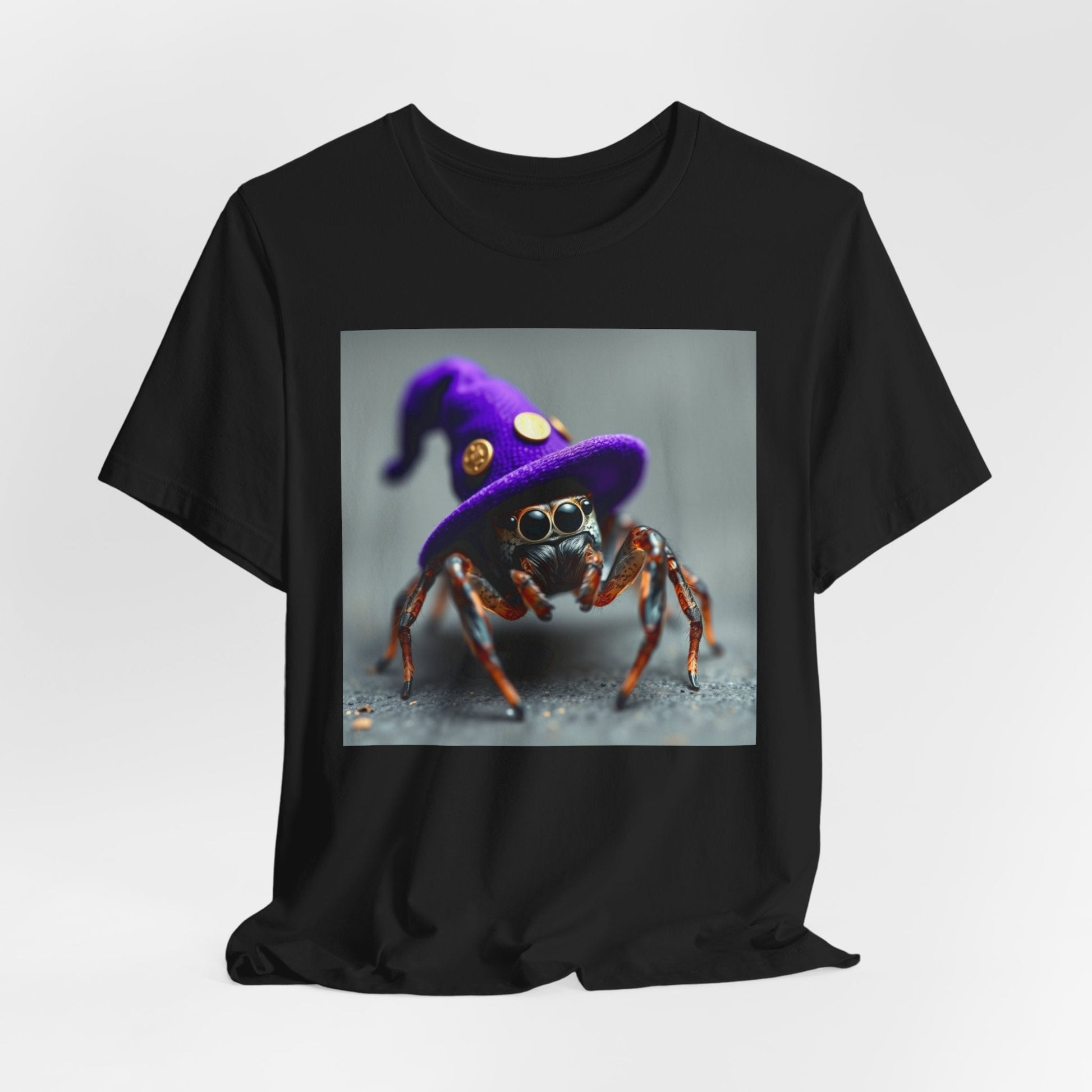 Jumping Spider in Purple Wizard Hat T-Shirt - Resonating Crystal Creations