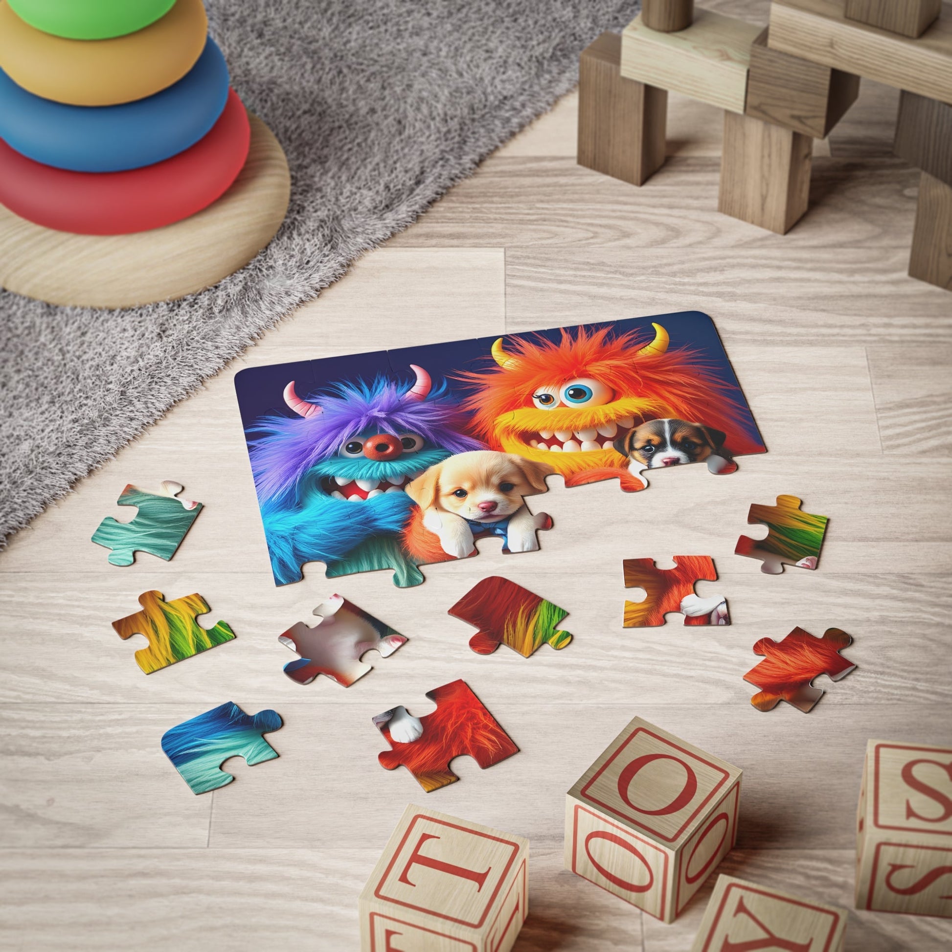 Kids' Puzzle, Monsters Holding Puppies, 30 - Piece - Resonating Crystal Creations