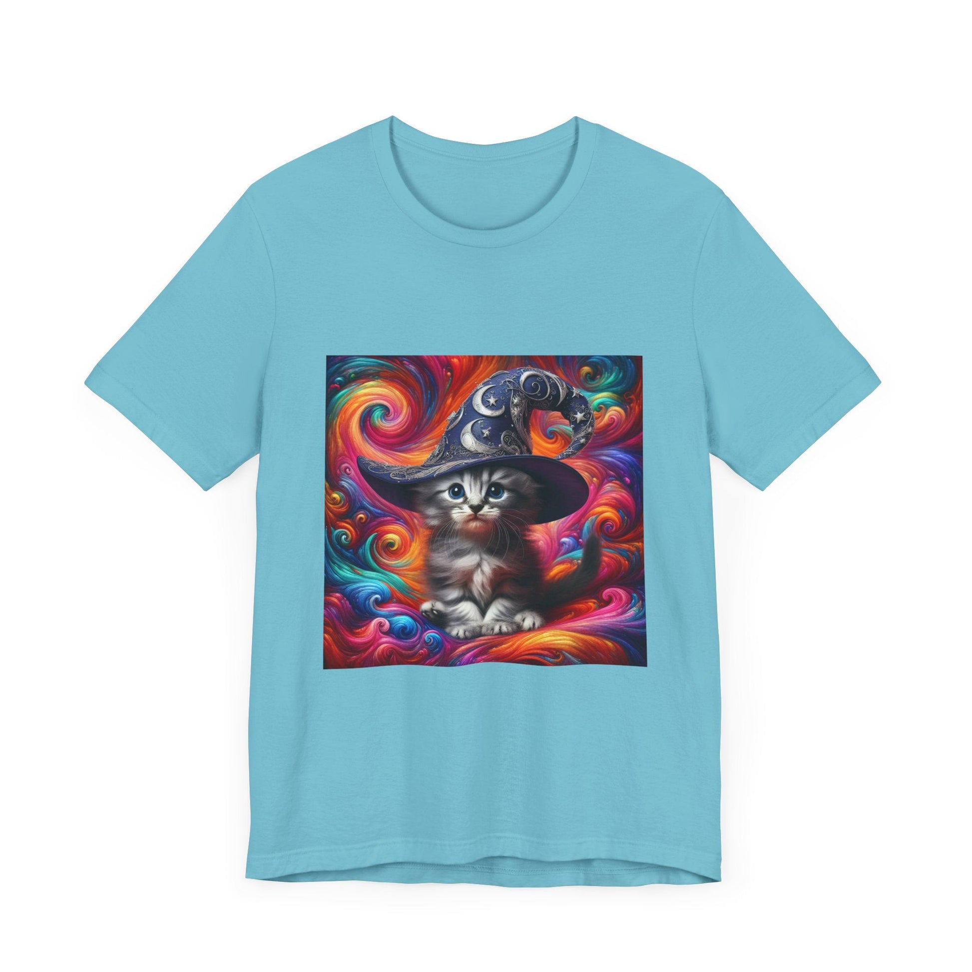 Kitten Wizard Tee, Cat Lover Gift, Colorful Graphic Shirt, Magical Kitten Top, Fantasy Cat T-Shirt, Unisex Jersey Short Sleeve Tee - Resonating Crystal Creations