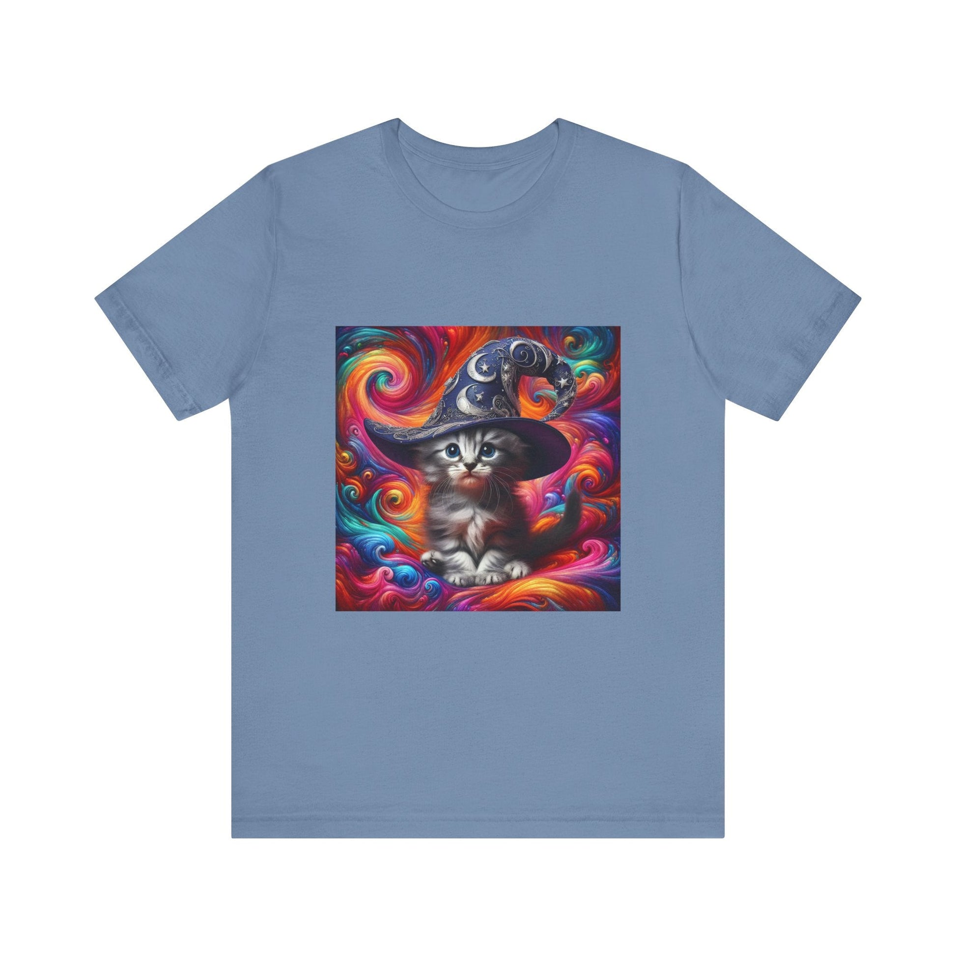 Kitten Wizard Tee, Cat Lover Gift, Colorful Graphic Shirt, Magical Kitten Top, Fantasy Cat T-Shirt, Unisex Jersey Short Sleeve Tee - Resonating Crystal Creations