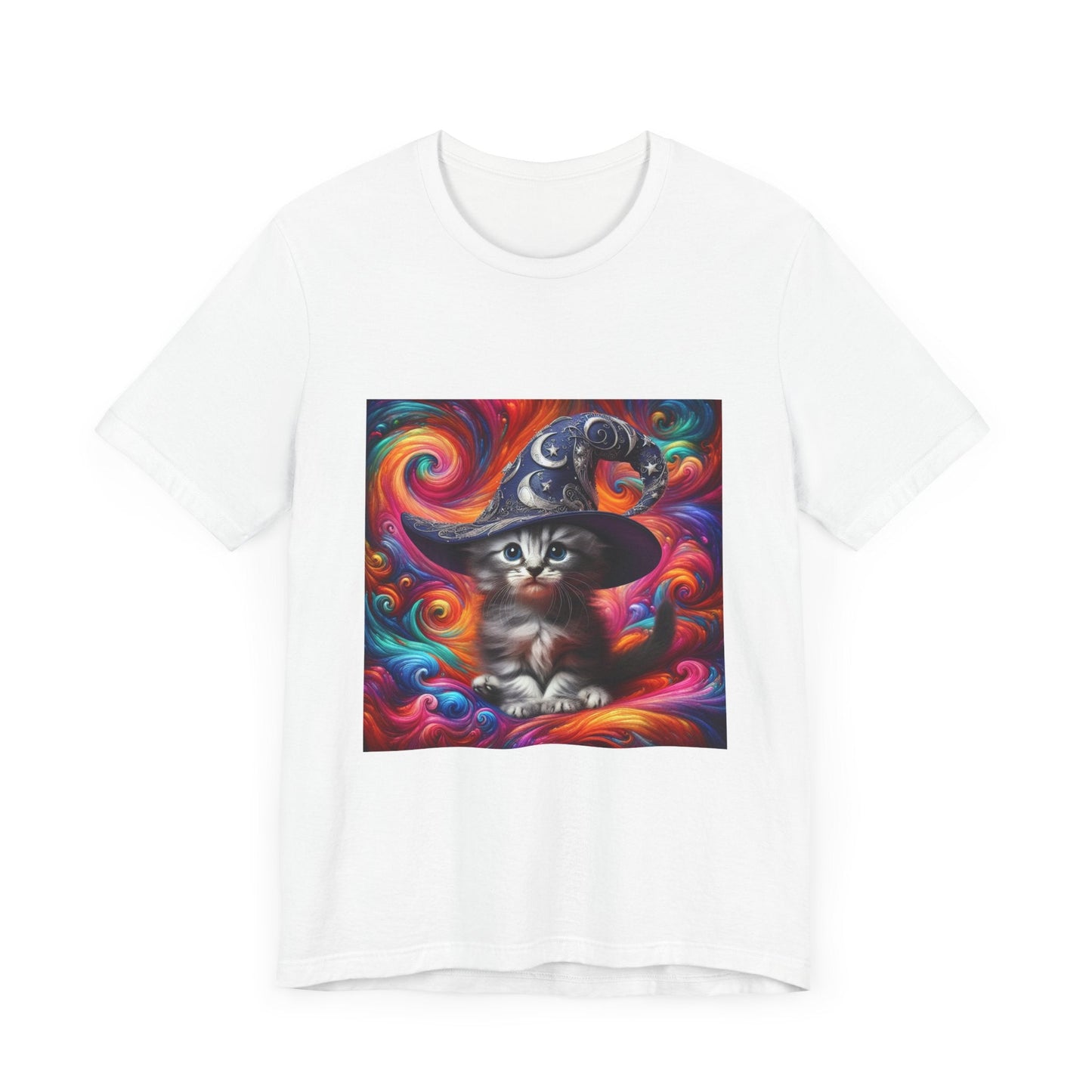 Kitten Wizard Tee, Cat Lover Gift, Colorful Graphic Shirt, Magical Kitten Top, Fantasy Cat T-Shirt, Unisex Jersey Short Sleeve Tee - Resonating Crystal Creations