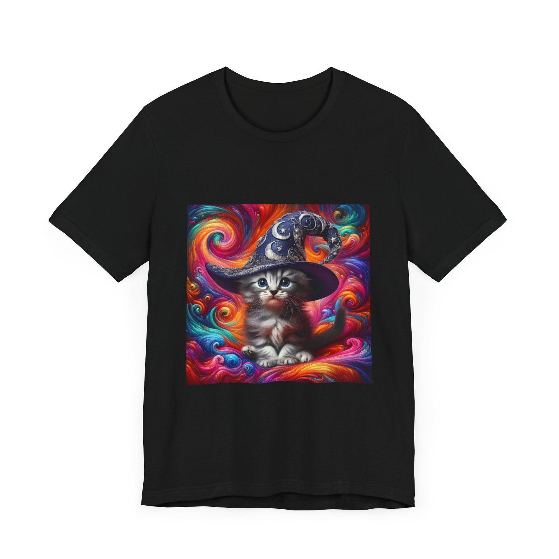 Kitten Wizard Tee, Cat Lover Gift, Colorful Graphic Shirt, Magical Kitten Top, Fantasy Cat T-Shirt, Unisex Jersey Short Sleeve Tee - Resonating Crystal Creations