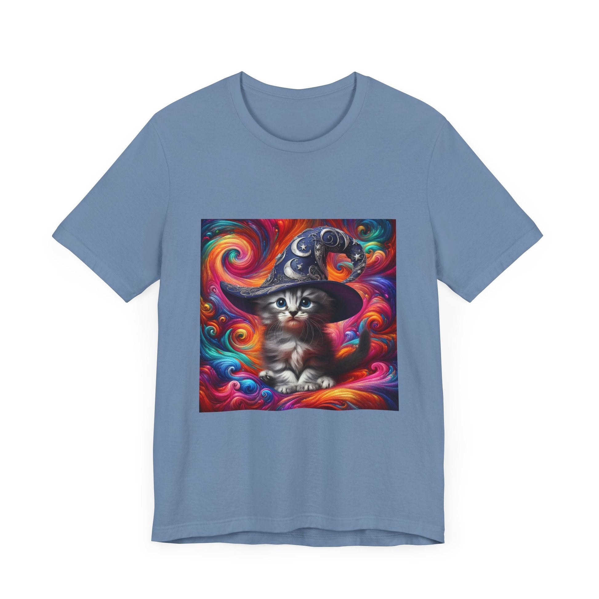 Kitten Wizard Tee, Cat Lover Gift, Colorful Graphic Shirt, Magical Kitten Top, Fantasy Cat T-Shirt, Unisex Jersey Short Sleeve Tee - Resonating Crystal Creations