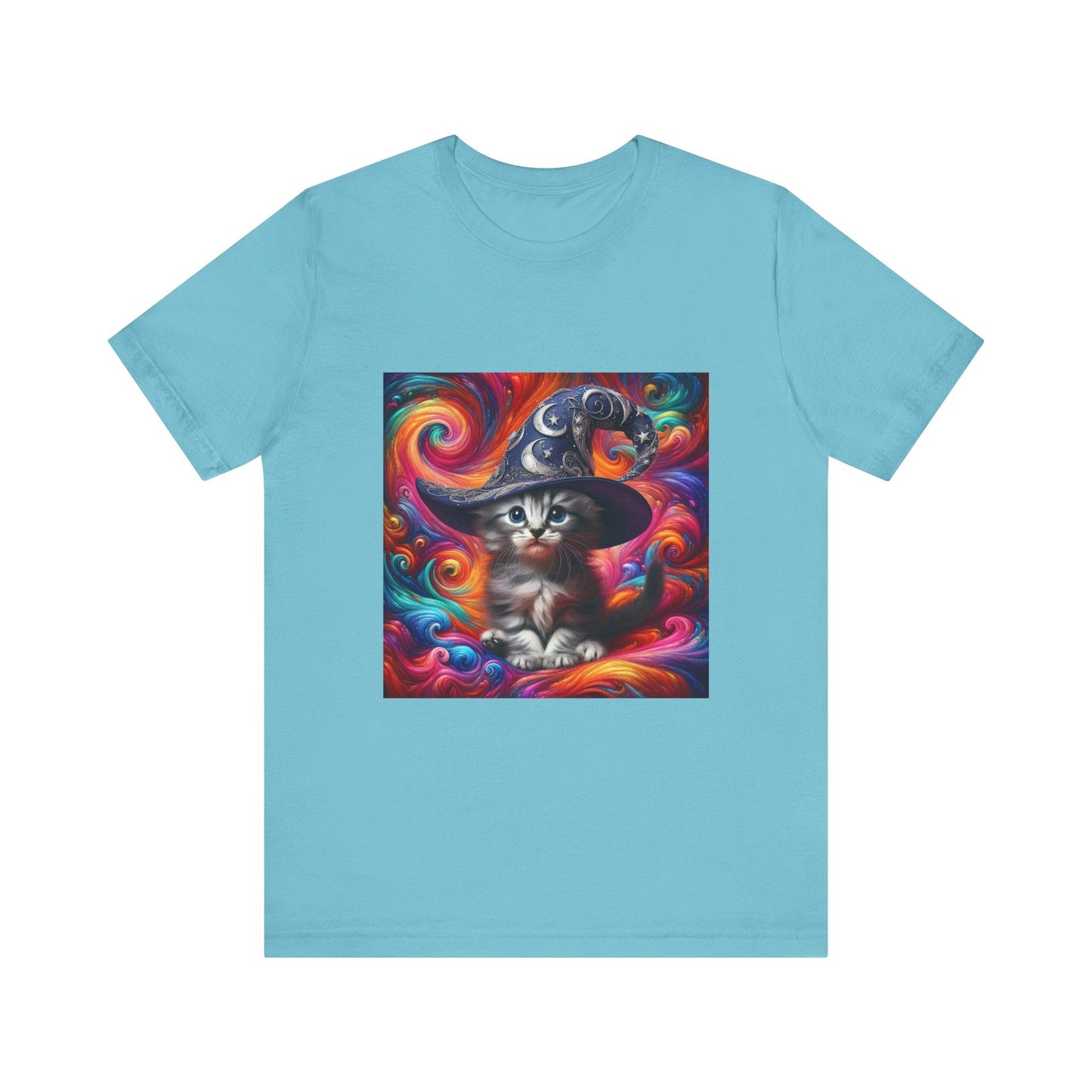 Kitten Wizard Tee, Cat Lover Gift, Colorful Graphic Shirt, Magical Kitten Top, Fantasy Cat T-Shirt, Unisex Jersey Short Sleeve Tee - Resonating Crystal Creations