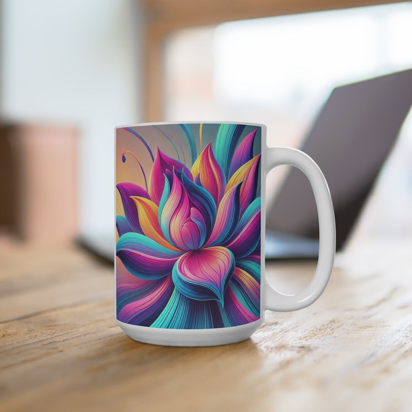 Lotus Flower Mug 15oz, Abstract Floral Tea Cup, Boho Coffee Mug, Zen Meditation Gift, Yoga Lover Kitchen Decor, Flower Pattern Ceramic - Resonating Crystal Creations