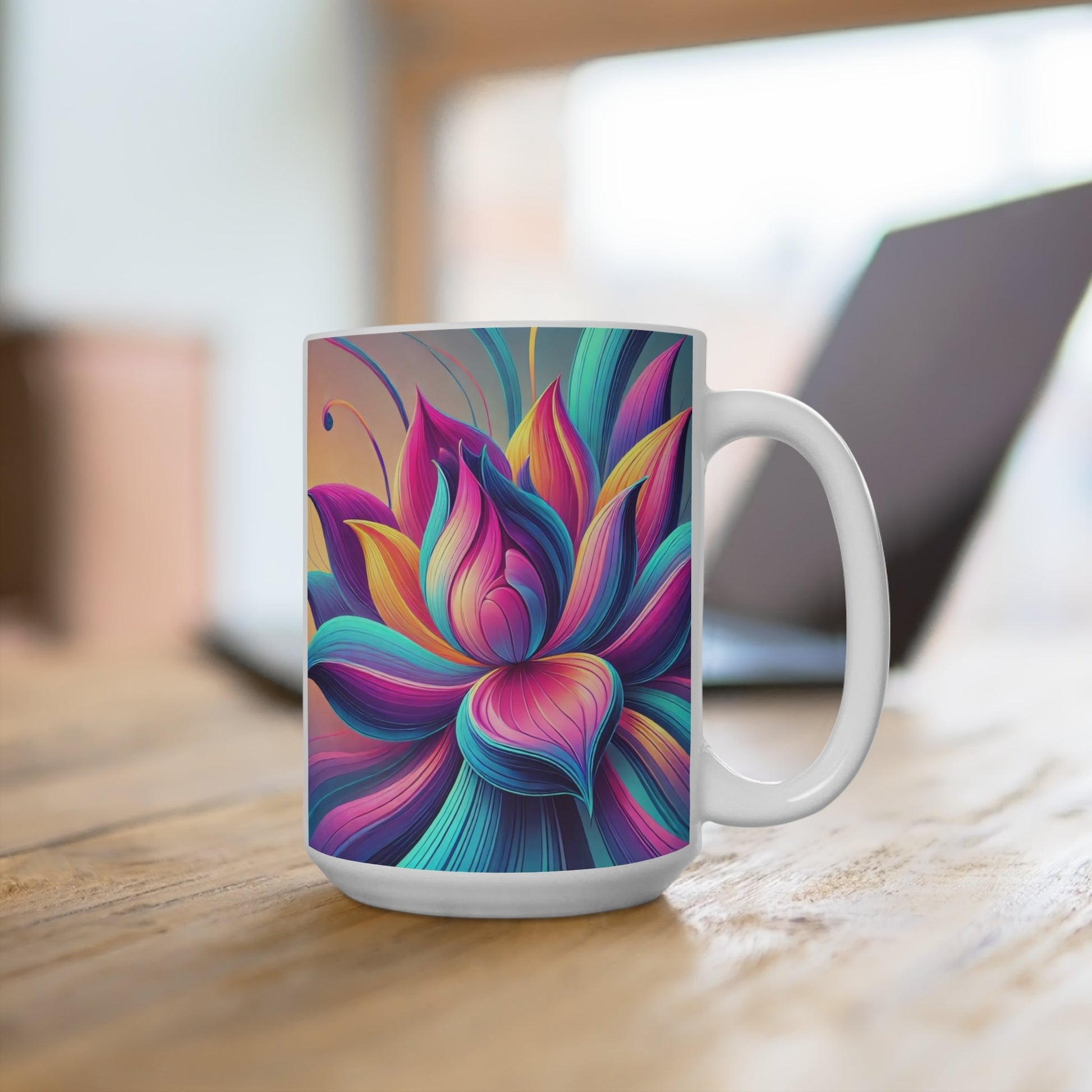 Lotus Flower Mug 15oz, Abstract Floral Tea Cup, Boho Coffee Mug, Zen Meditation Gift, Yoga Lover Kitchen Decor, Flower Pattern Ceramic - Resonating Crystal Creations