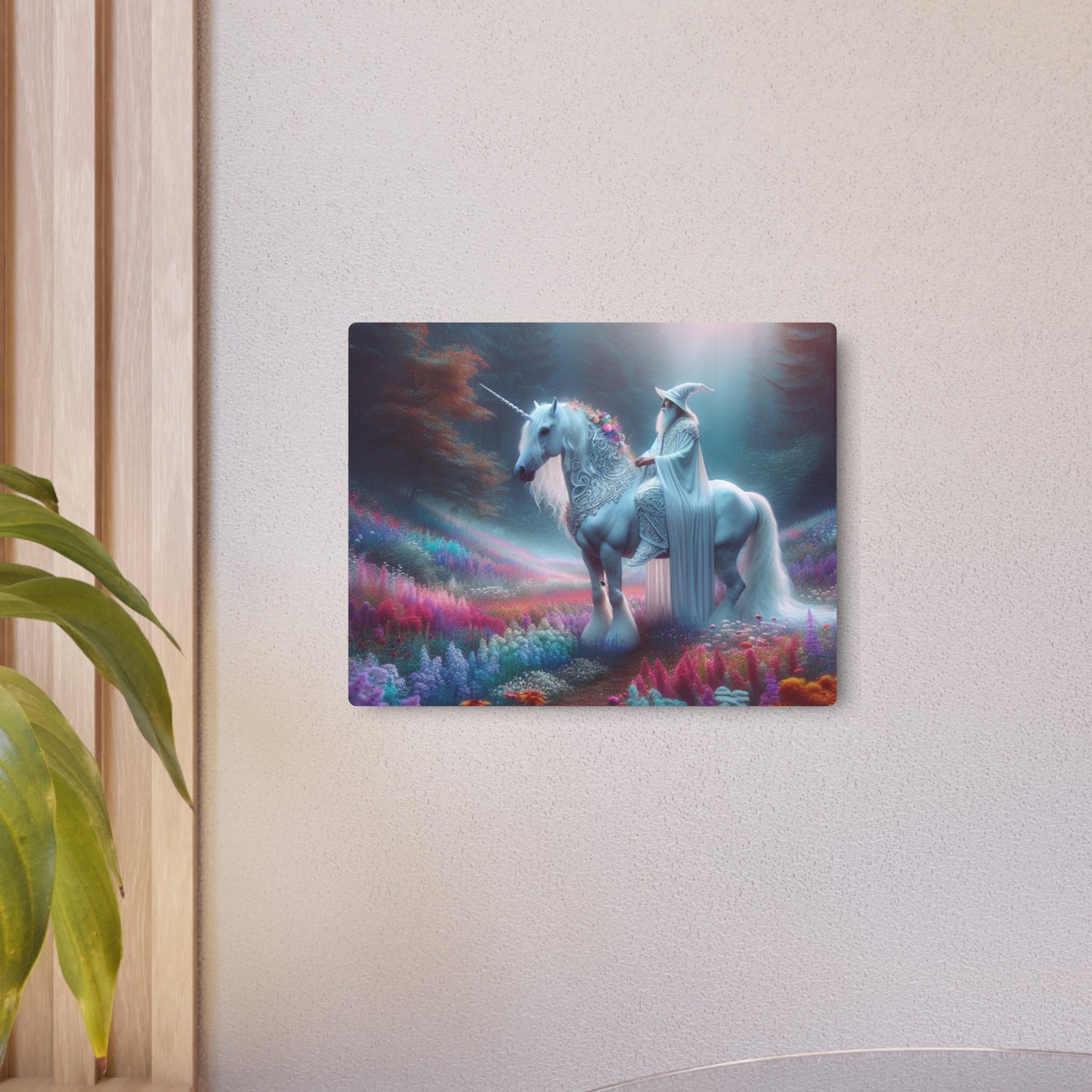 Metal Art Sign - White Wizard Riding a Unicorn Wall Decor - Resonating Crystal Creations