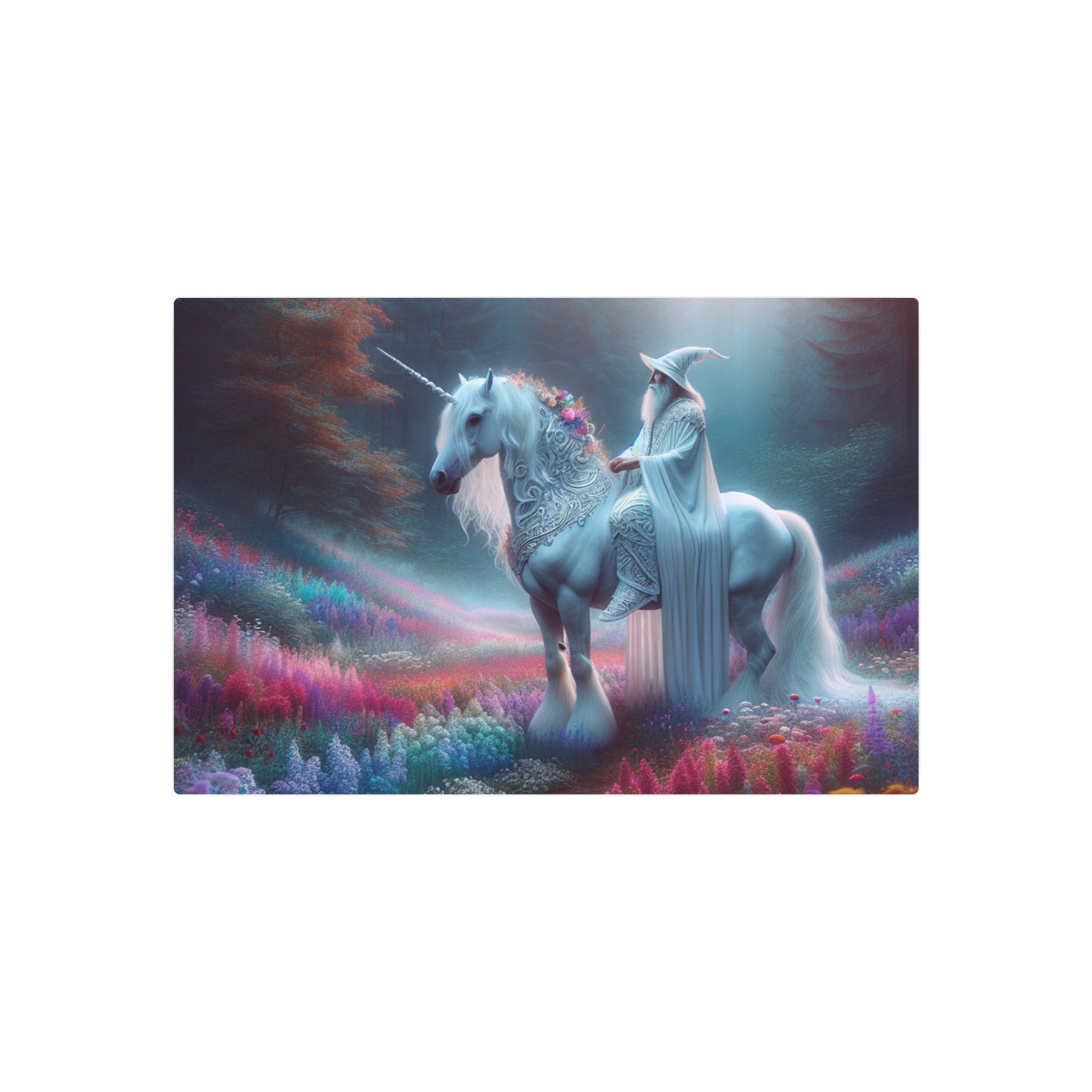 Metal Art Sign - White Wizard Riding a Unicorn Wall Decor - Resonating Crystal Creations