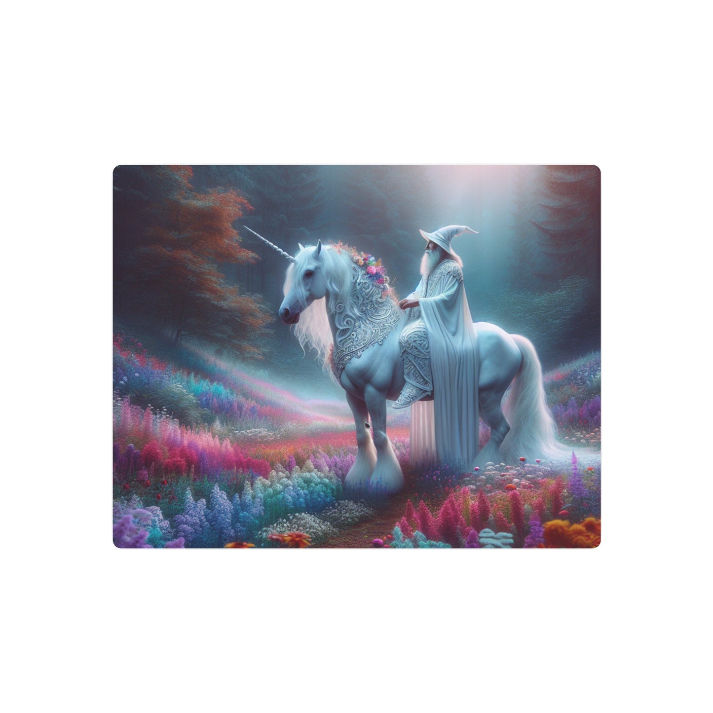 Metal Art Sign - White Wizard Riding a Unicorn Wall Decor - Resonating Crystal Creations