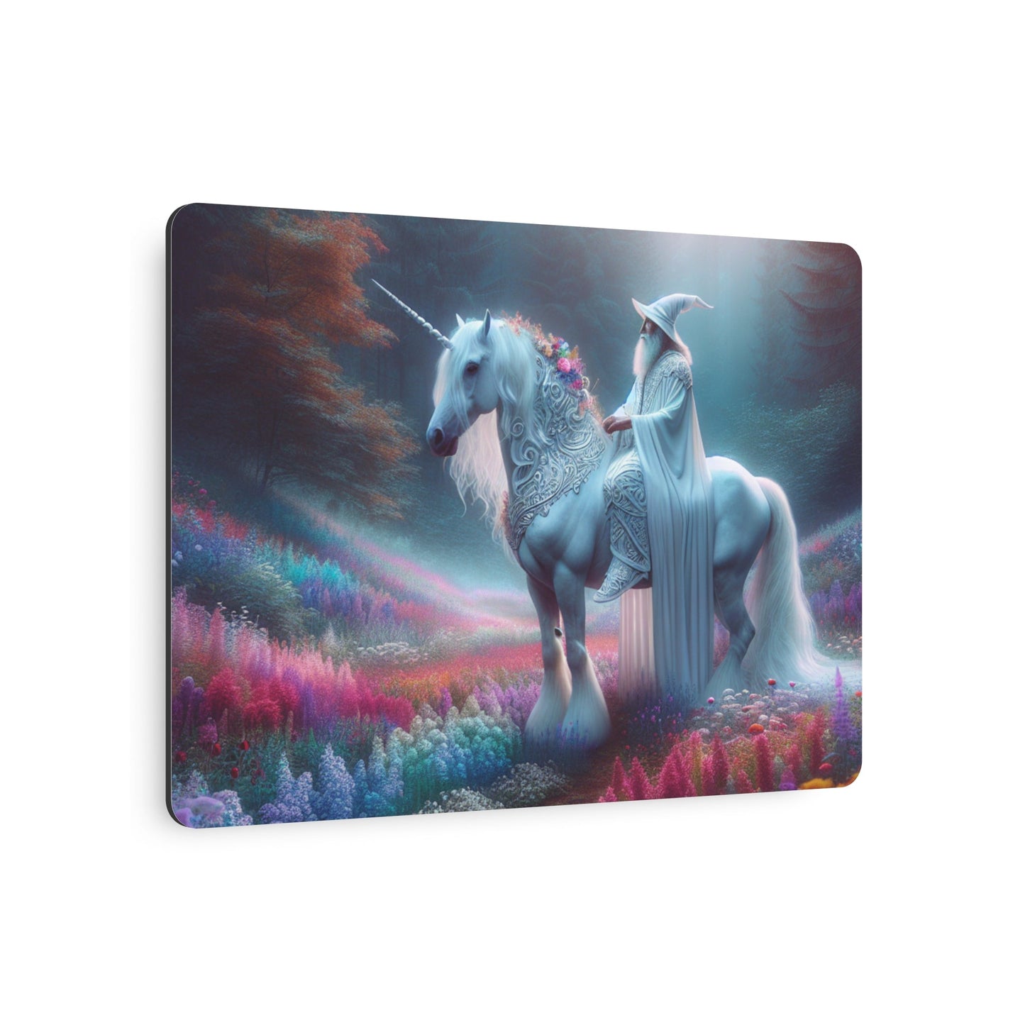 Metal Art Sign - White Wizard Riding a Unicorn Wall Decor - Resonating Crystal Creations