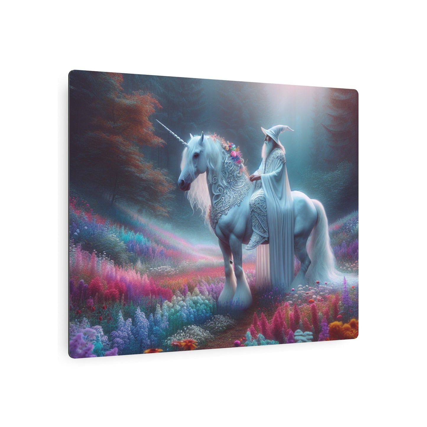 Metal Art Sign - White Wizard Riding a Unicorn Wall Decor - Resonating Crystal Creations