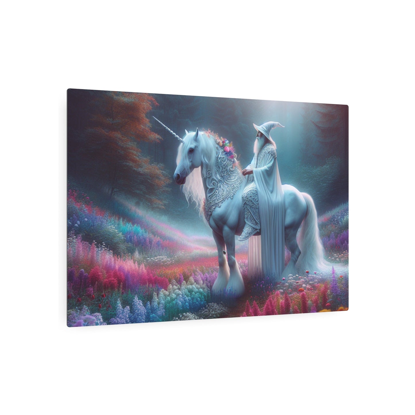 Metal Art Sign - White Wizard Riding a Unicorn Wall Decor - Resonating Crystal Creations