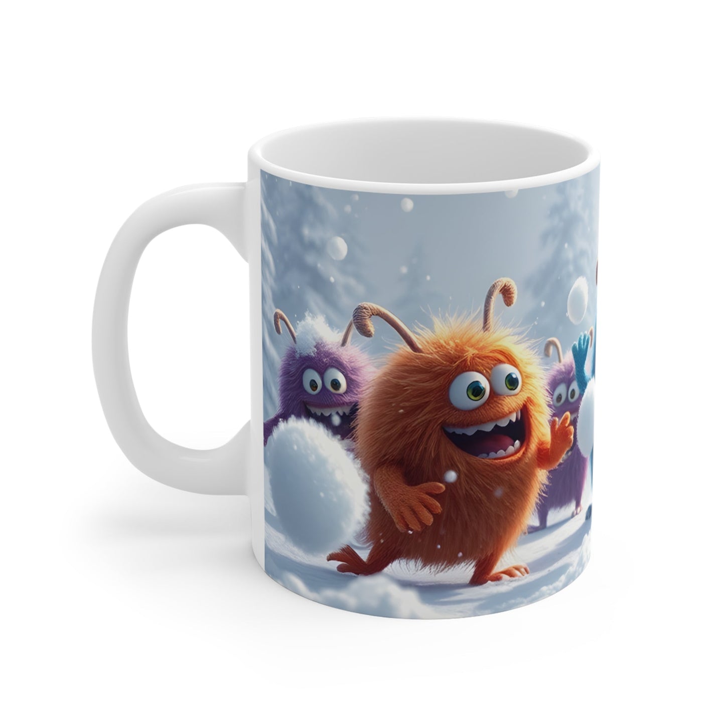 Monster Snowball Fight Mug, Funny Creatures Winter Scene, Coffee Cup, Hot Cocoa, Tea Mug, Christmas Gift, Stocking Stuffer - Resonating Crystal Creations