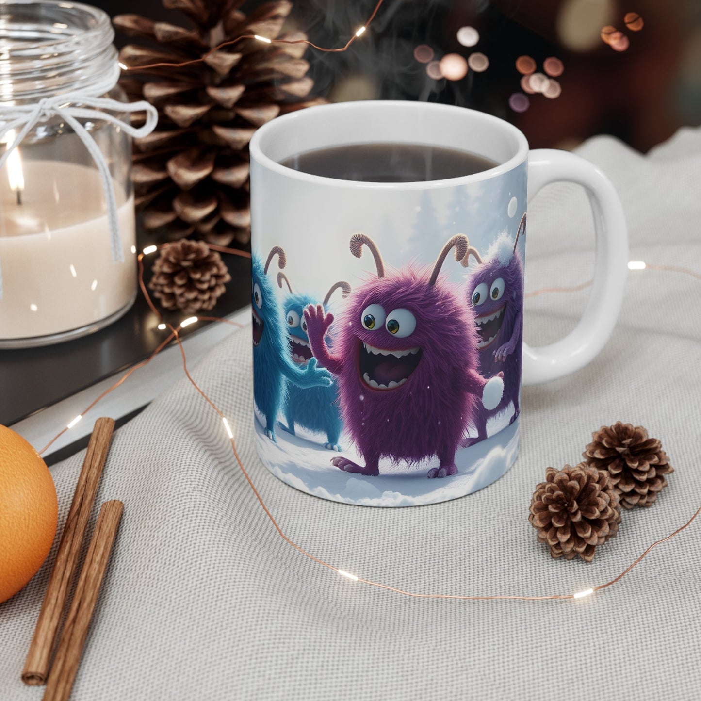 Monster Snowball Fight Mug, Funny Creatures Winter Scene, Coffee Cup, Hot Cocoa, Tea Mug, Christmas Gift, Stocking Stuffer - Resonating Crystal Creations