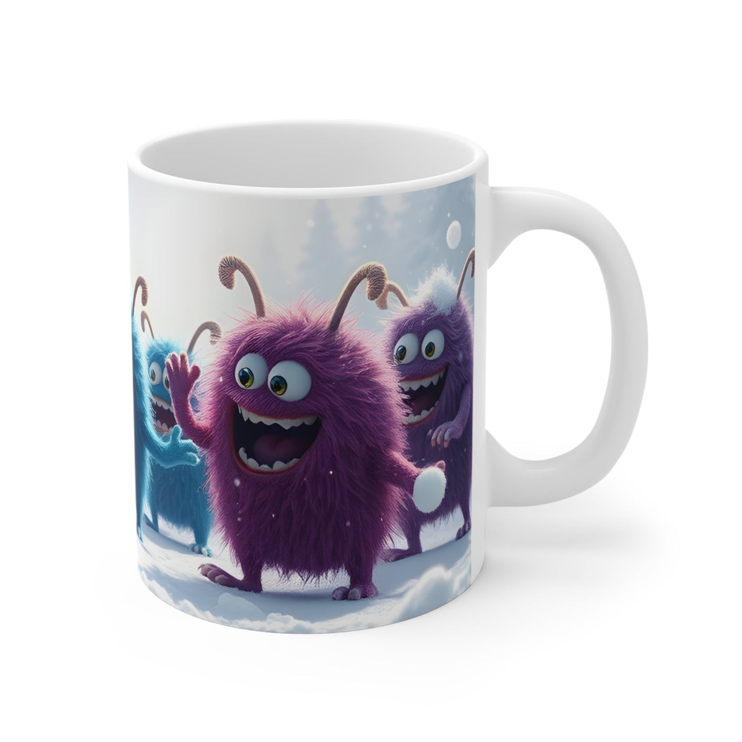 Monster Snowball Fight Mug, Funny Creatures Winter Scene, Coffee Cup, Hot Cocoa, Tea Mug, Christmas Gift, Stocking Stuffer - Resonating Crystal Creations