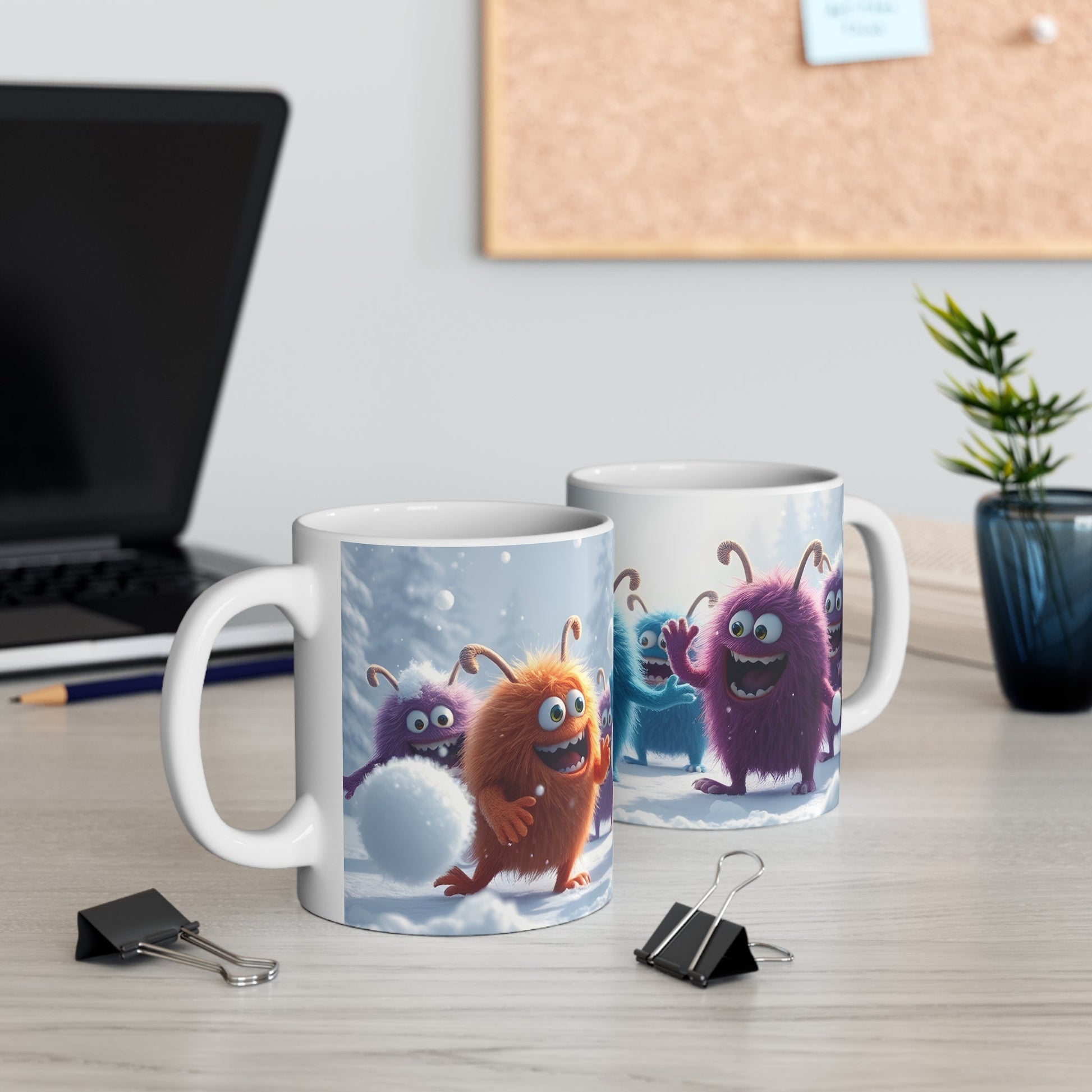 Monster Snowball Fight Mug, Funny Creatures Winter Scene, Coffee Cup, Hot Cocoa, Tea Mug, Christmas Gift, Stocking Stuffer - Resonating Crystal Creations