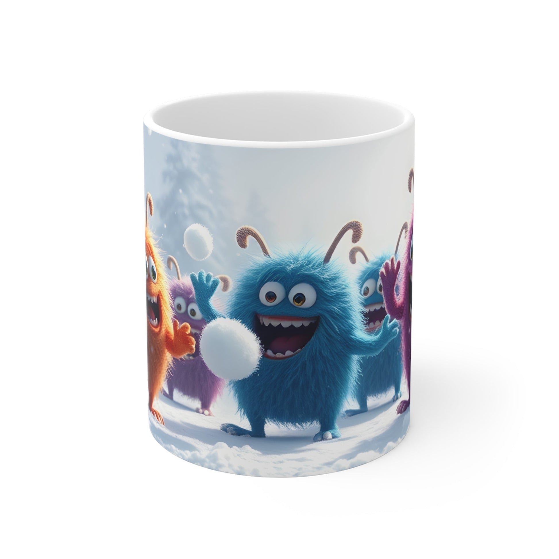 Monster Snowball Fight Mug, Funny Creatures Winter Scene, Coffee Cup, Hot Cocoa, Tea Mug, Christmas Gift, Stocking Stuffer - Resonating Crystal Creations