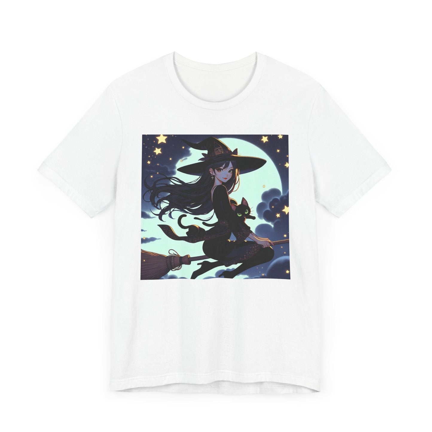 Moonlit Witch Flight: Witch and Black Cat Broomstick T-Shirt - Resonating Crystal Creations