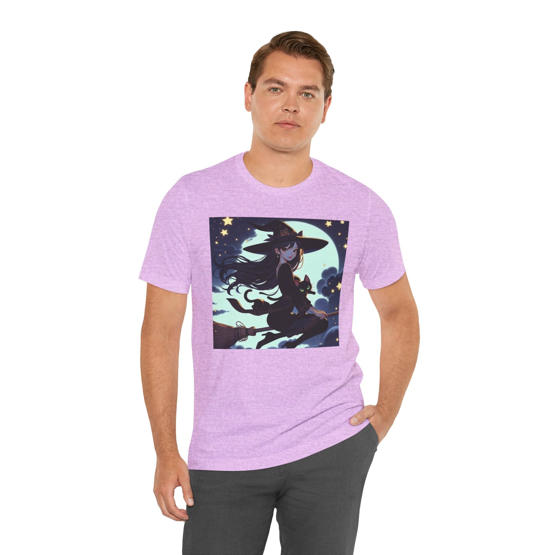 Moonlit Witch Flight: Witch and Black Cat Broomstick T-Shirt - Resonating Crystal Creations