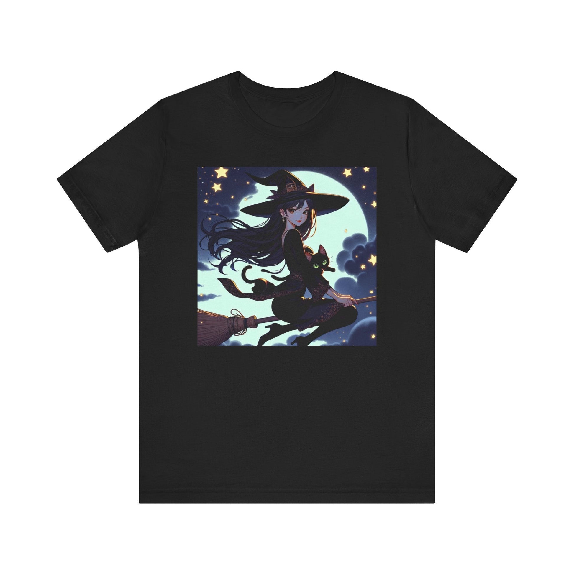 Moonlit Witch Flight: Witch and Black Cat Broomstick T-Shirt - Resonating Crystal Creations