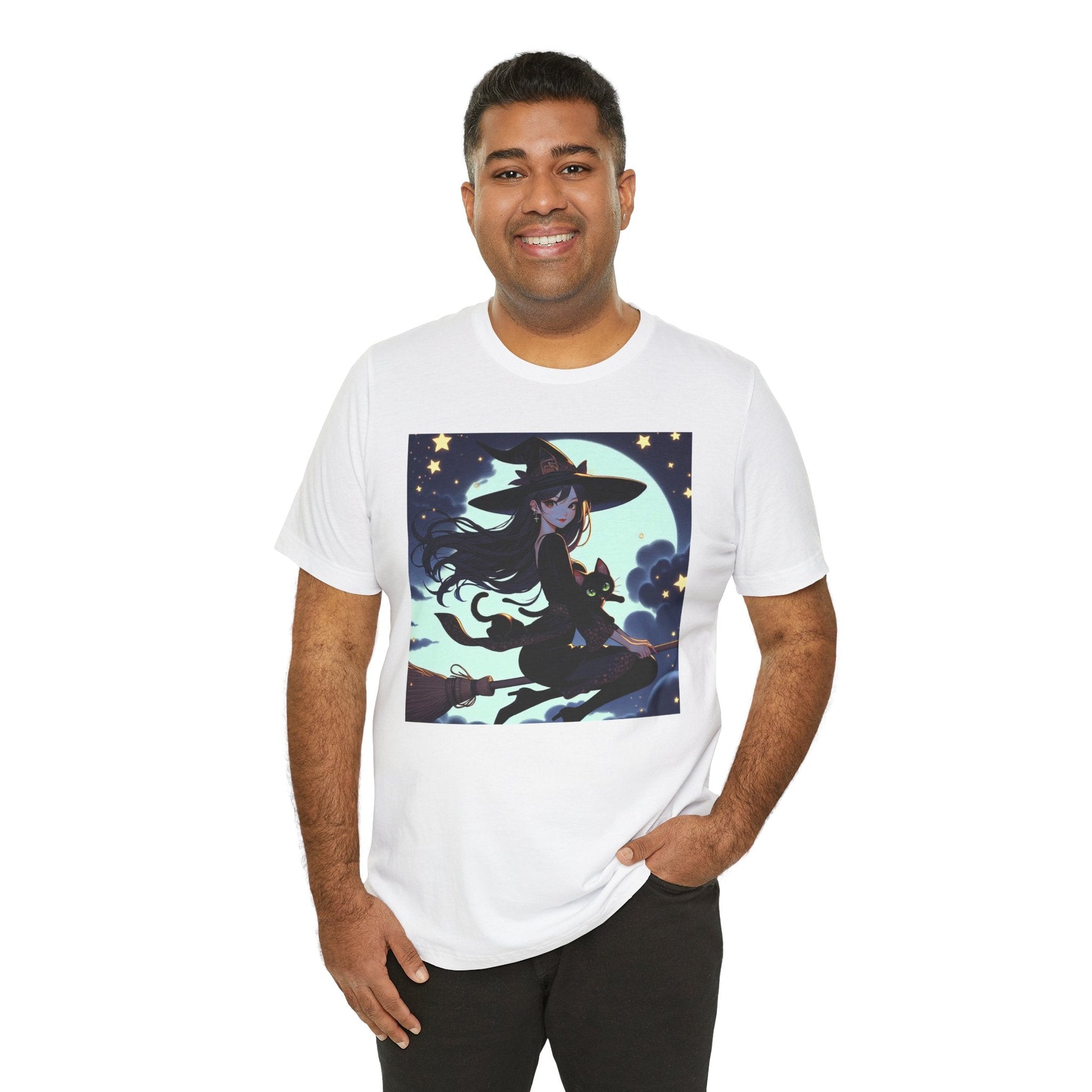 Moonlit Witch Flight: Witch and Black Cat Broomstick T-Shirt - Resonating Crystal Creations