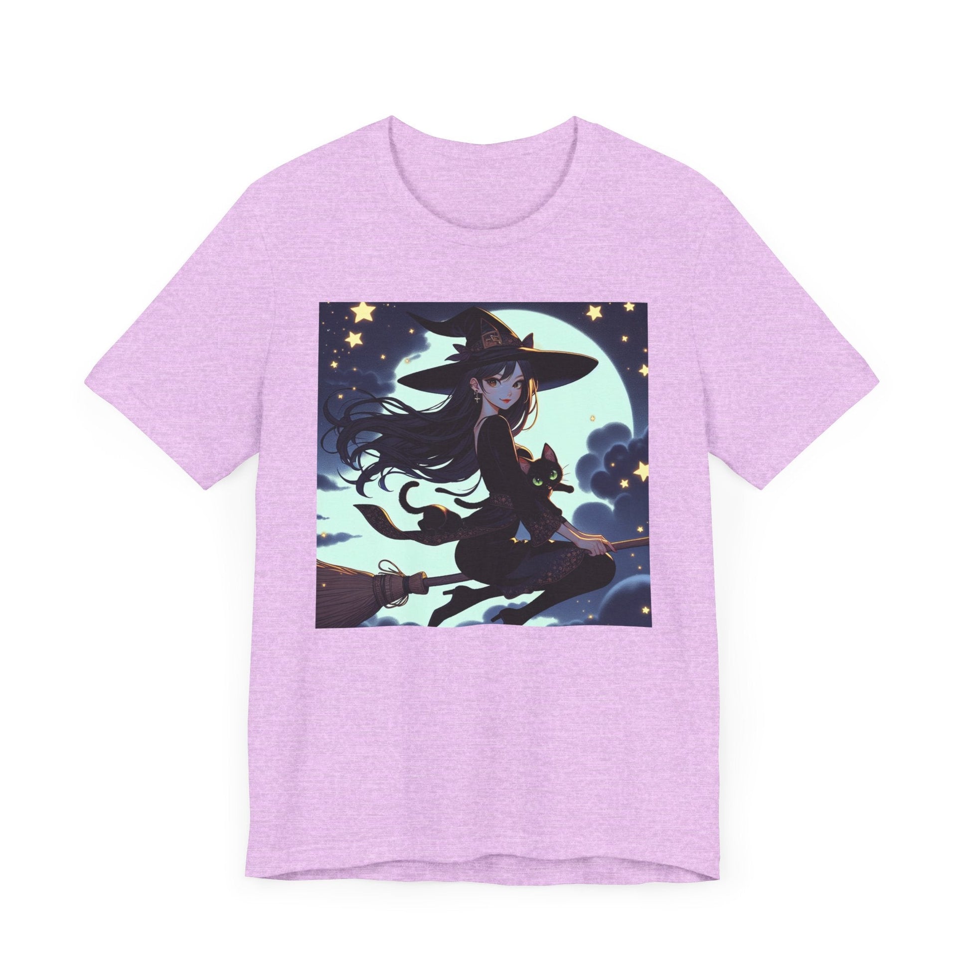 Moonlit Witch Flight: Witch and Black Cat Broomstick T-Shirt - Resonating Crystal Creations