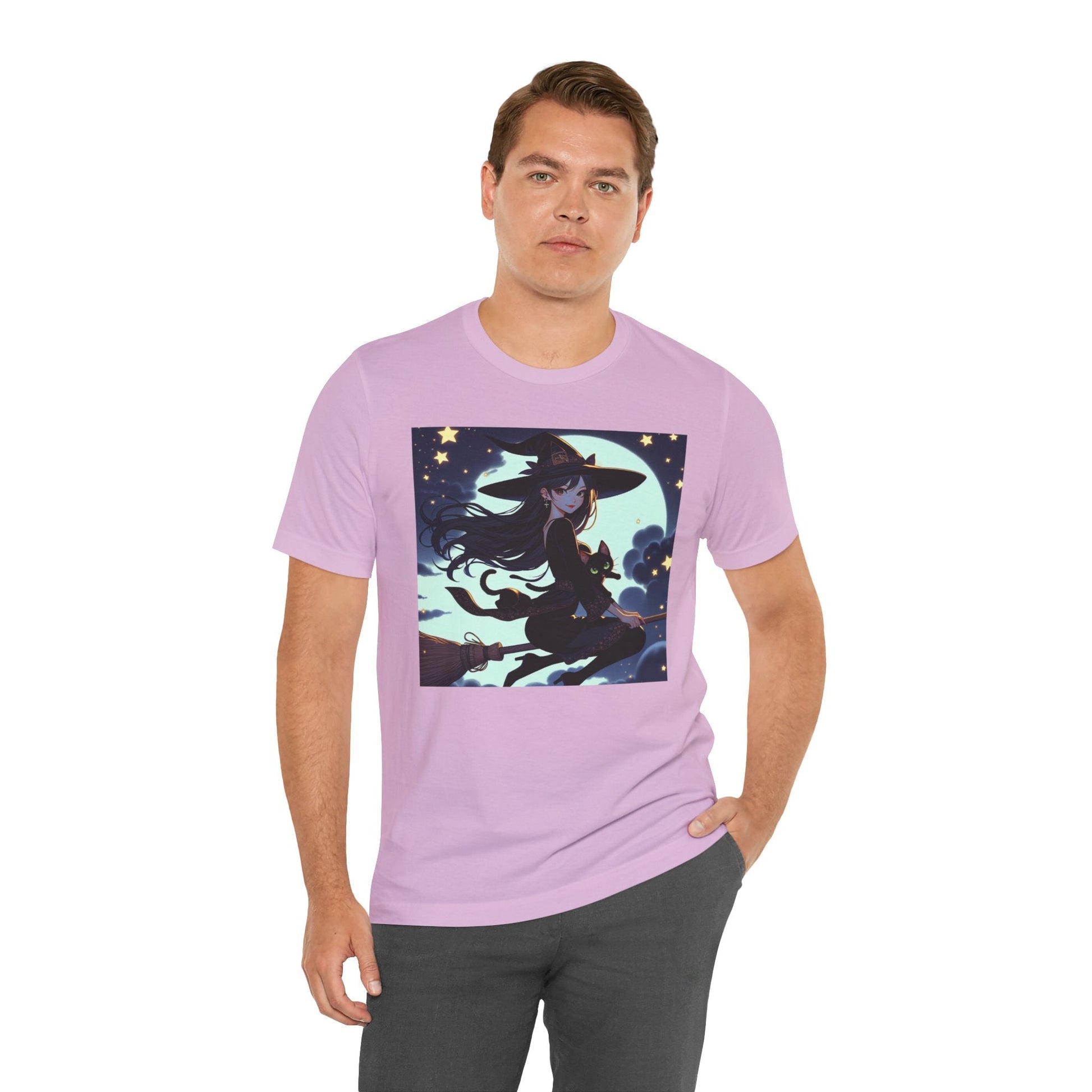 Moonlit Witch Flight: Witch and Black Cat Broomstick T-Shirt - Resonating Crystal Creations